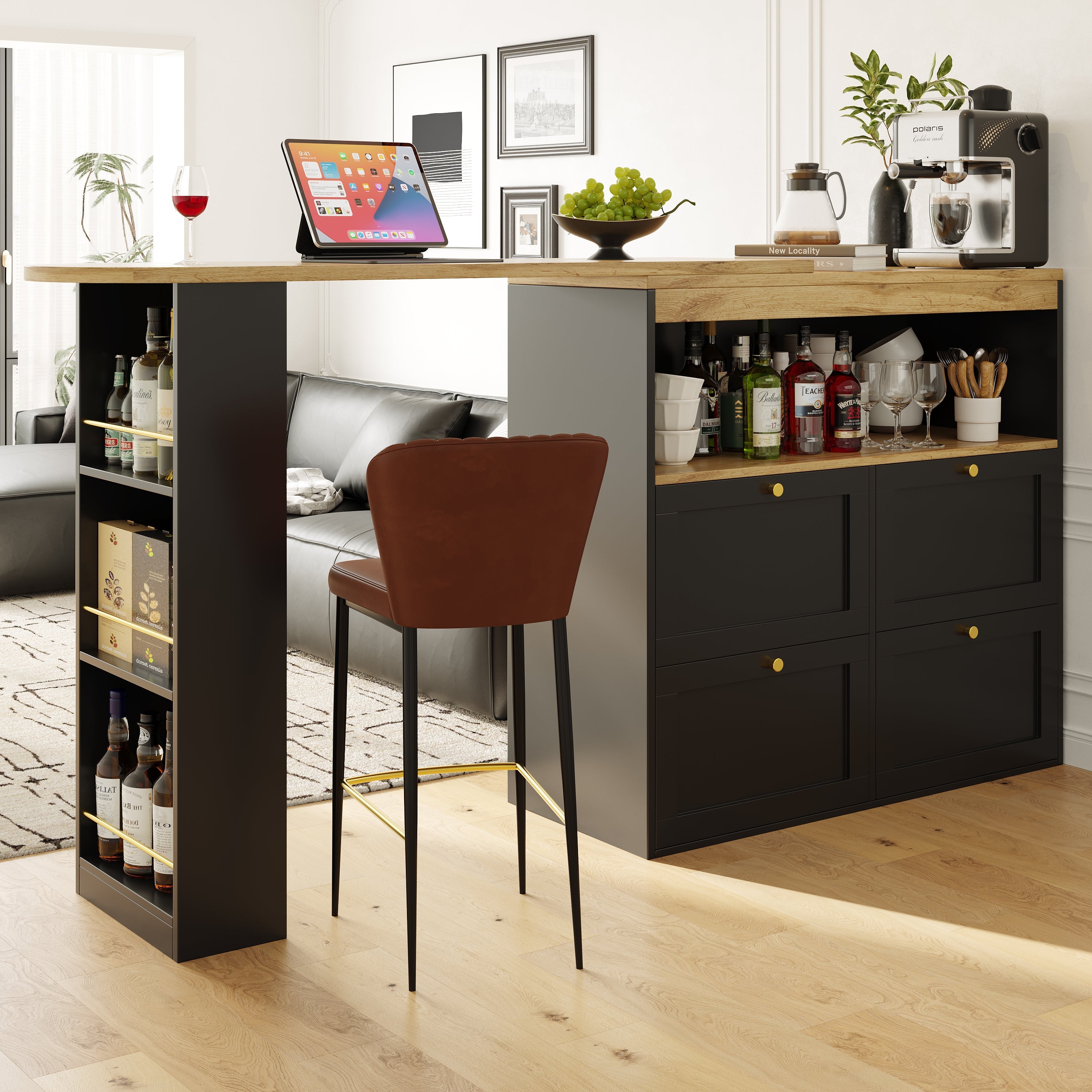 360° Swivelling Bar Table (Main Body 105 x 39 x 102 cm), with 4 Drawers and Open Shelves, Suitable for Dining Room/Study/Living room etc.