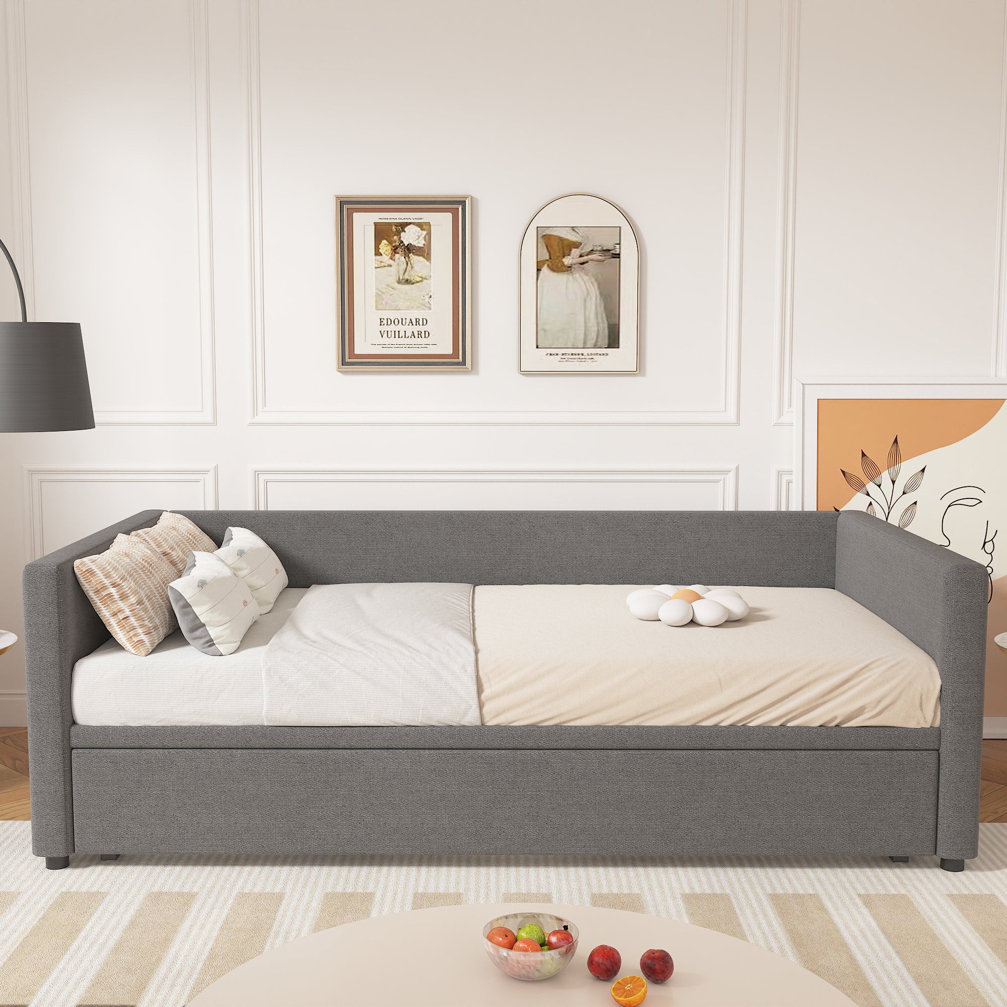 Upholstered Bed, 3FT Single with Pull-Out Trundle, Daybed Sofa, Linen Grey