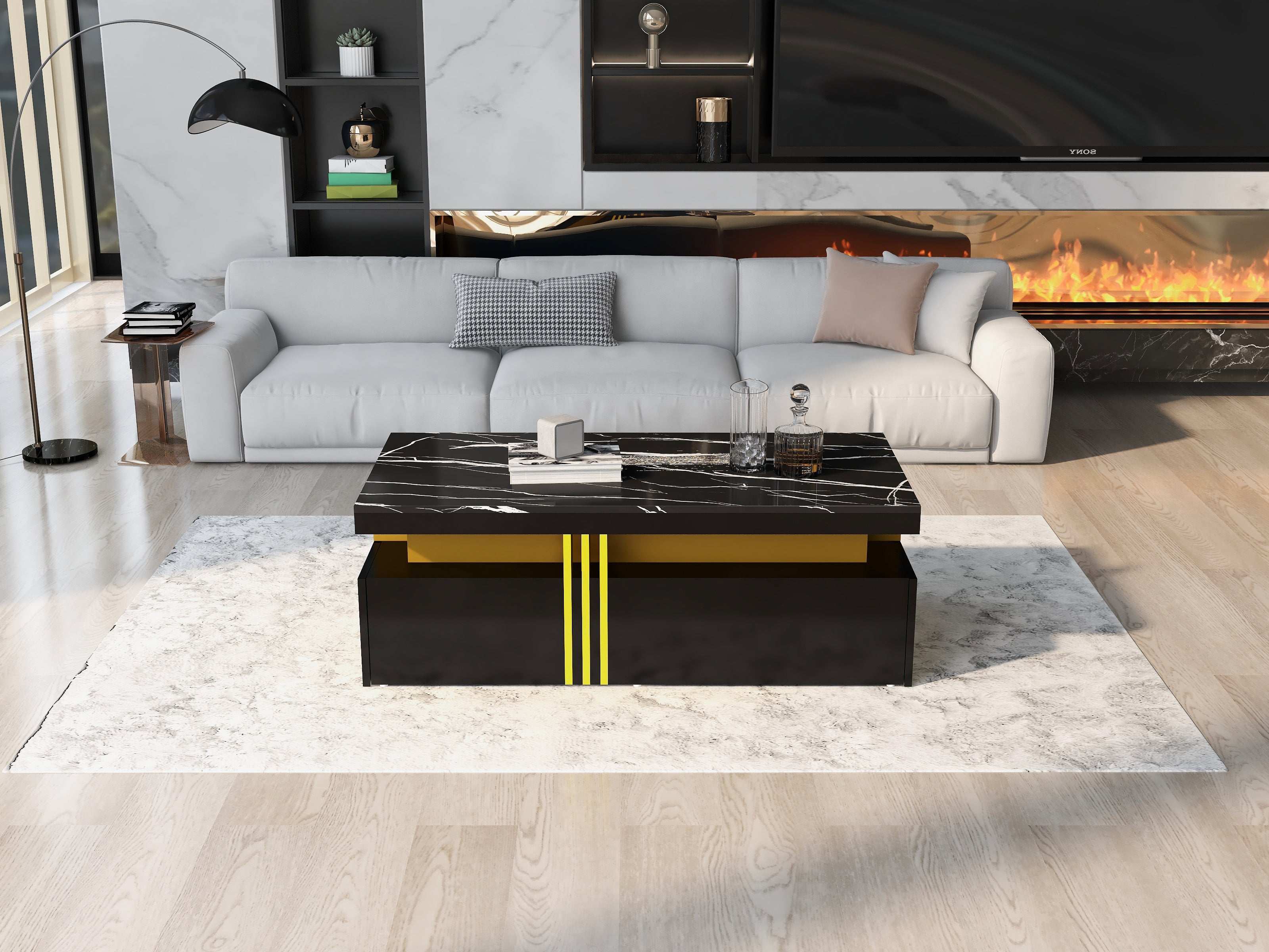 Modern Black Rectangular Coffee Table with Marble Pattern (Triamine Board) Top and 2 Wooden Drawers, Particle Board