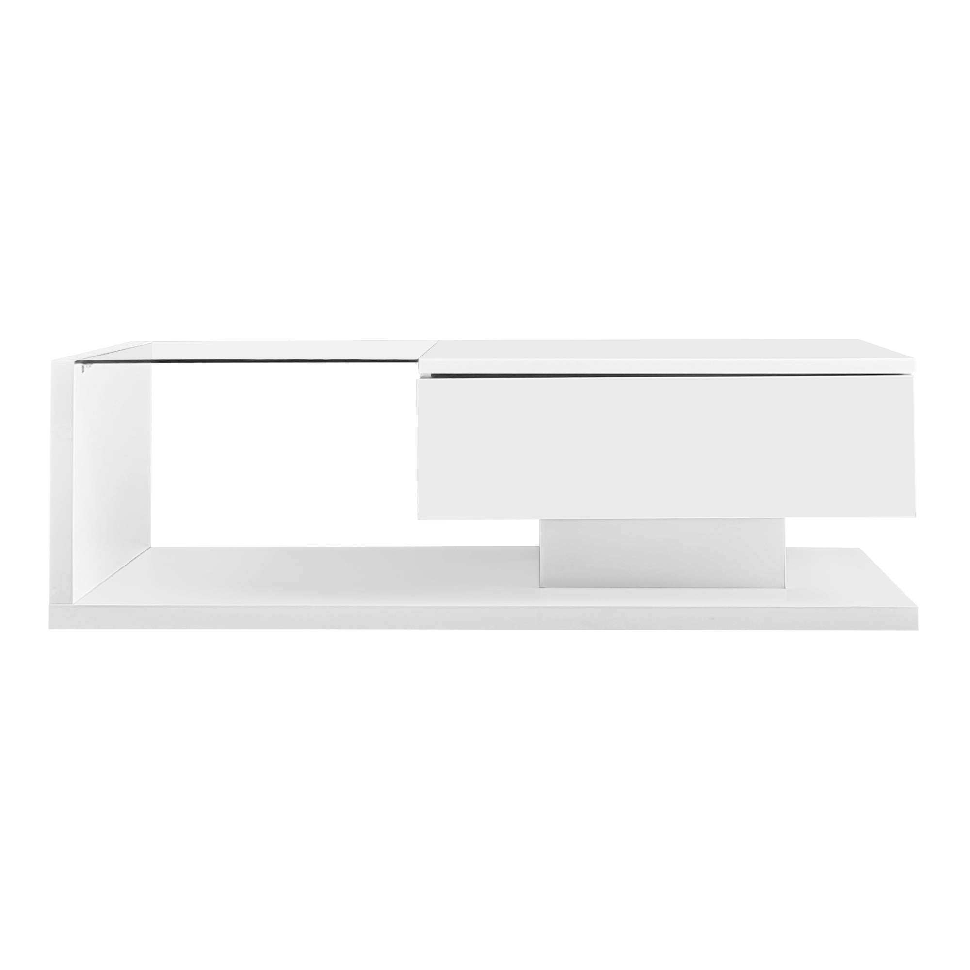 Coffee table, high-gloss white. Side tables, coffee tables with glass and LED