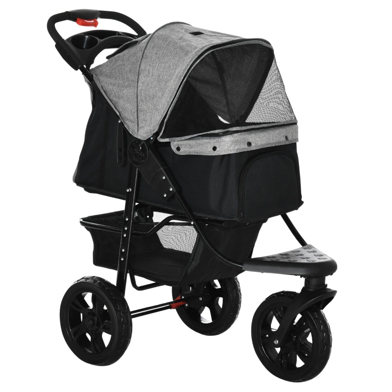 Dog Pushchair, Folding Pet Stroller, 3 Wheel, Travel Carrier, Grey