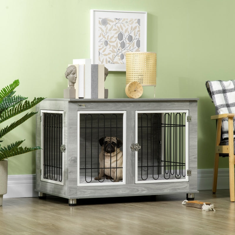 Dog Crate Furniture End Table, Washable Cushion Double Doors, Grey