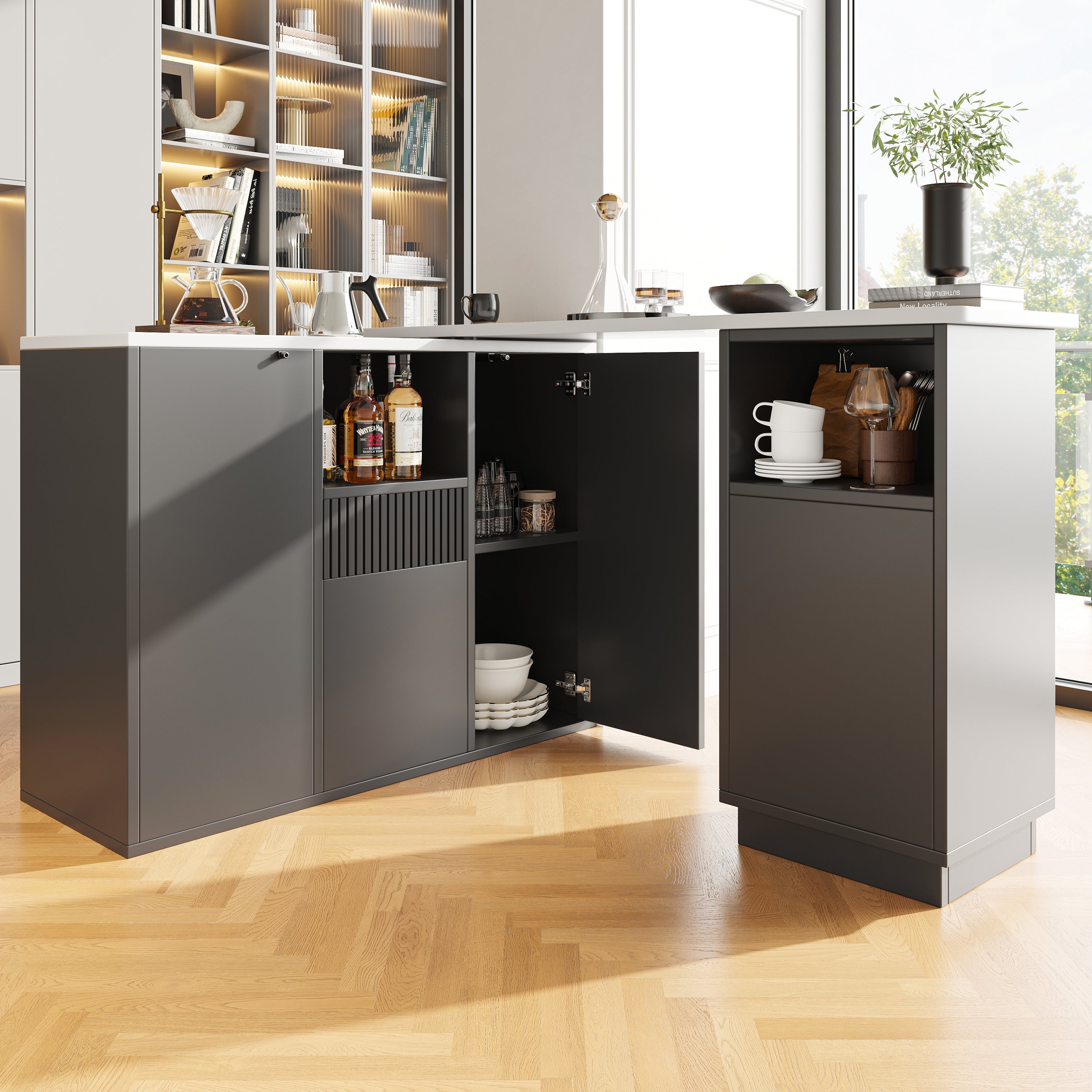 360° swivelling bar table (main body 198.5 x 30 x 75 cm), modern and sleek design, with open storage space and marble worktop, suitable for kitchen, living room and dining room, black