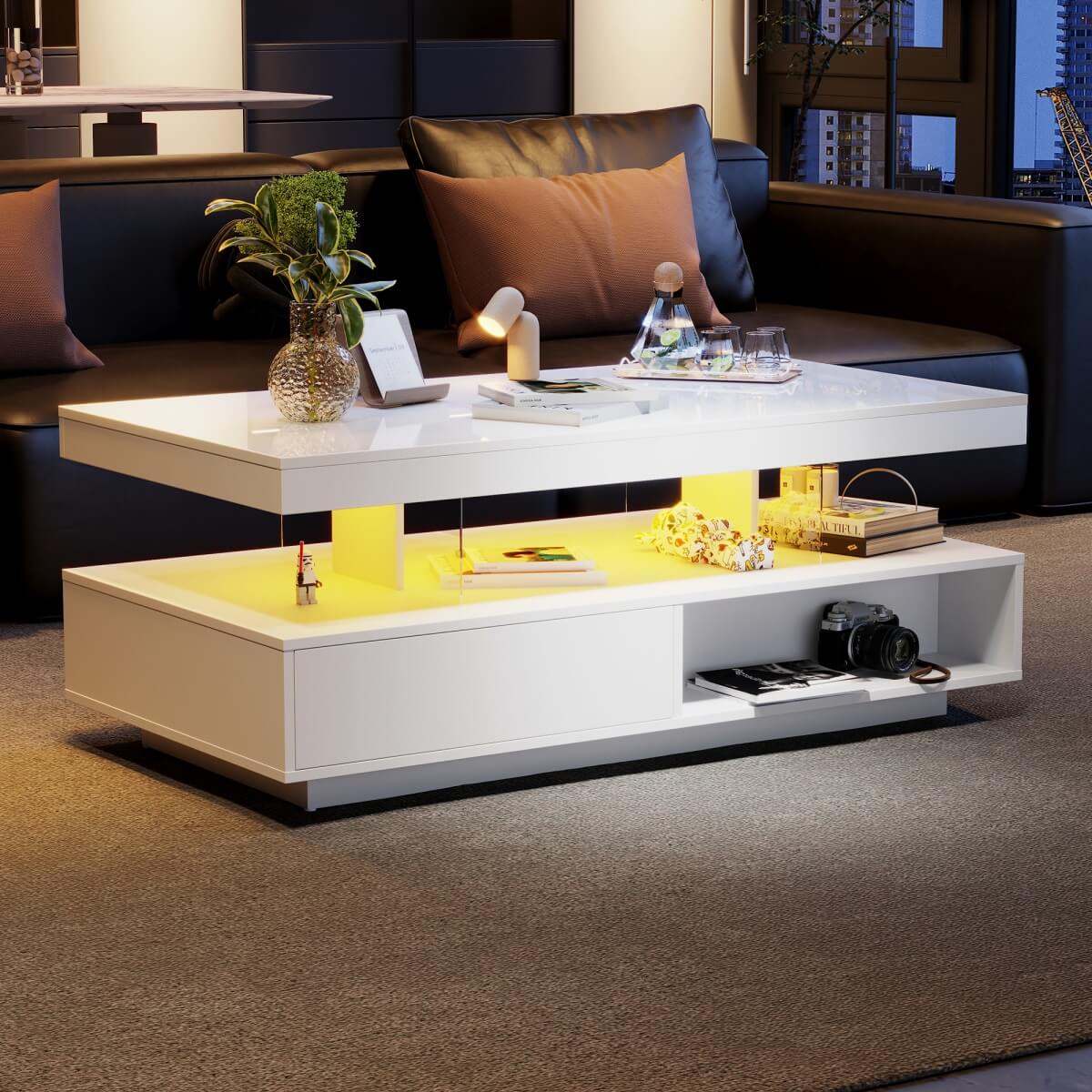 LED Coffee Table with Storage – High Gloss Centre Table with 2 Drawers, White