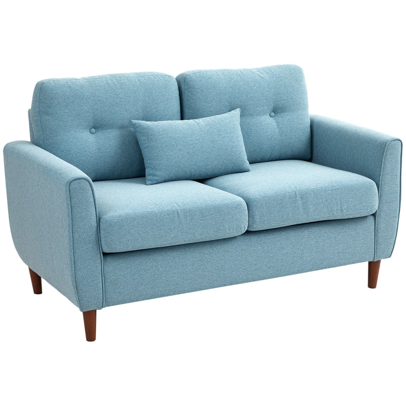 2 Seater Sofa - Spring Cushion, Wooden Legs, Tufted Couch, Light Blue Fabric