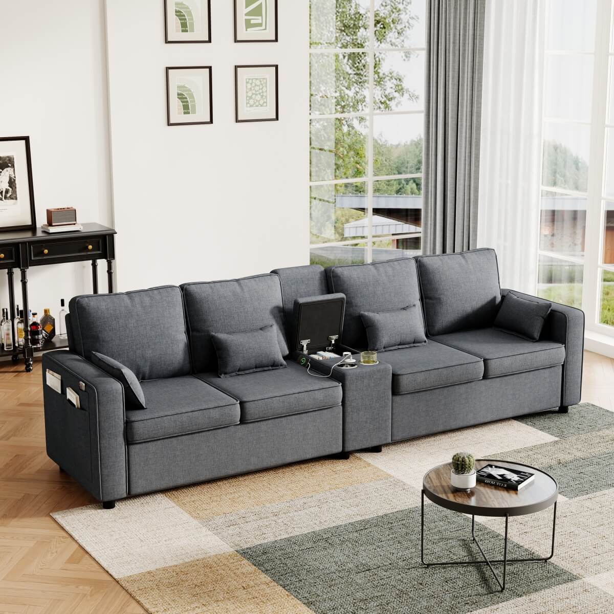 4-Seater Modern Sofa – Grey Linen, Storage Console, Cup Holders & USB/Type-C Charging