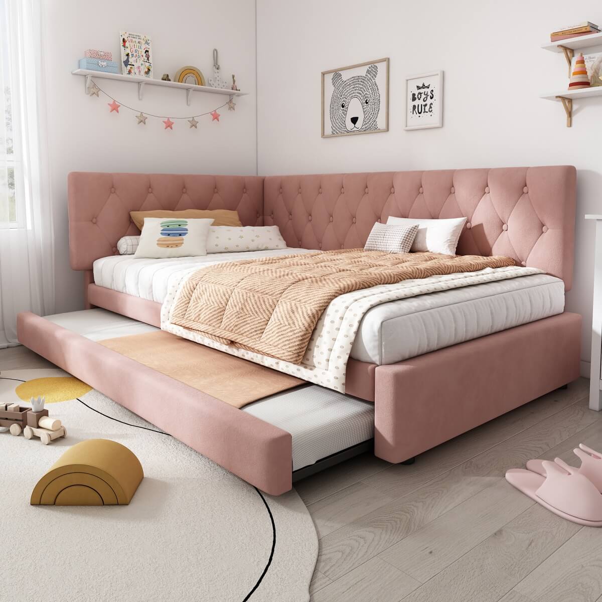 Upholstered Daybed with Pull-Out Bed – 3FT Single Sofa Bed 90x190cm, Trundle Guest Bed with Slatted Frame, Velvet