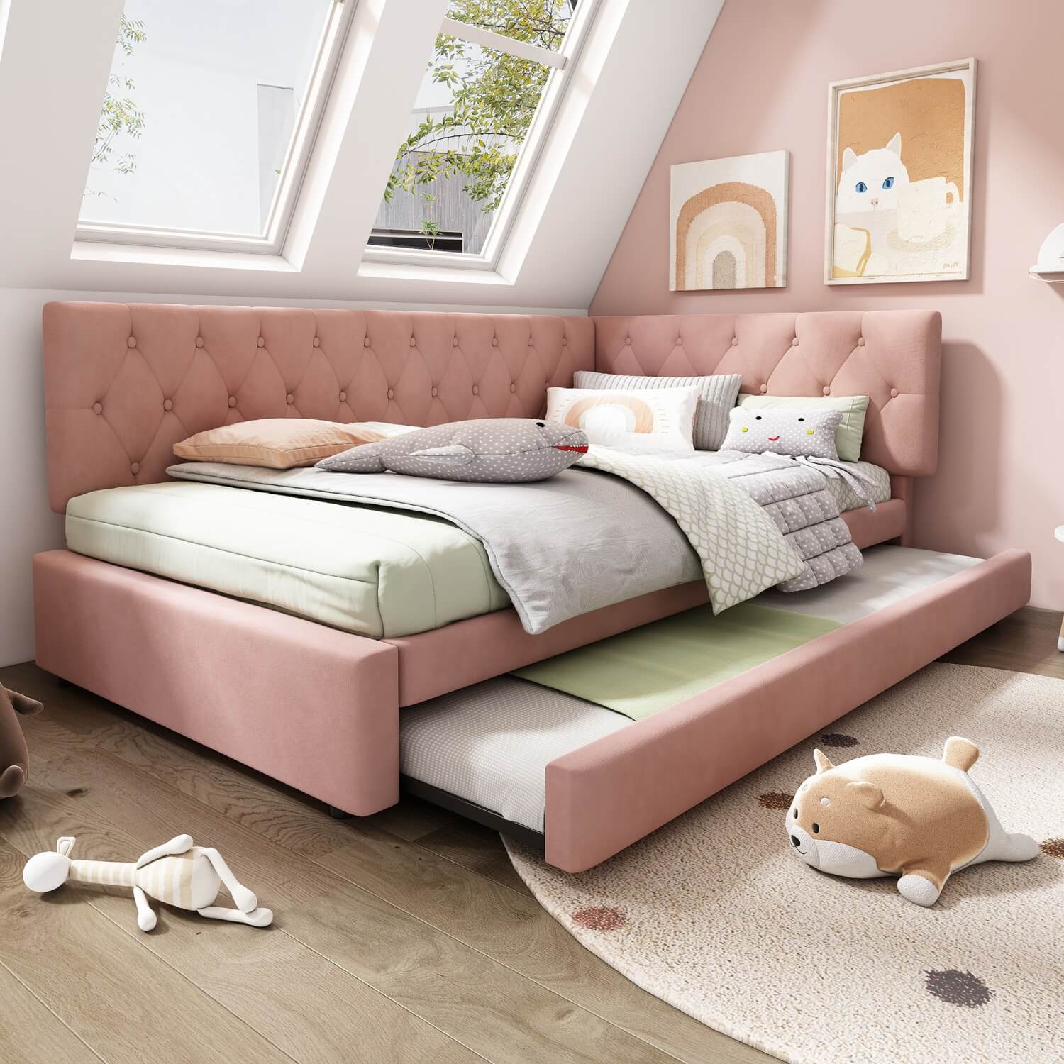 Upholstered Daybed with Pull-Out Bed – 3FT Single Sofa Bed 90x190cm, Trundle Guest Bed with Slatted Frame, Velvet