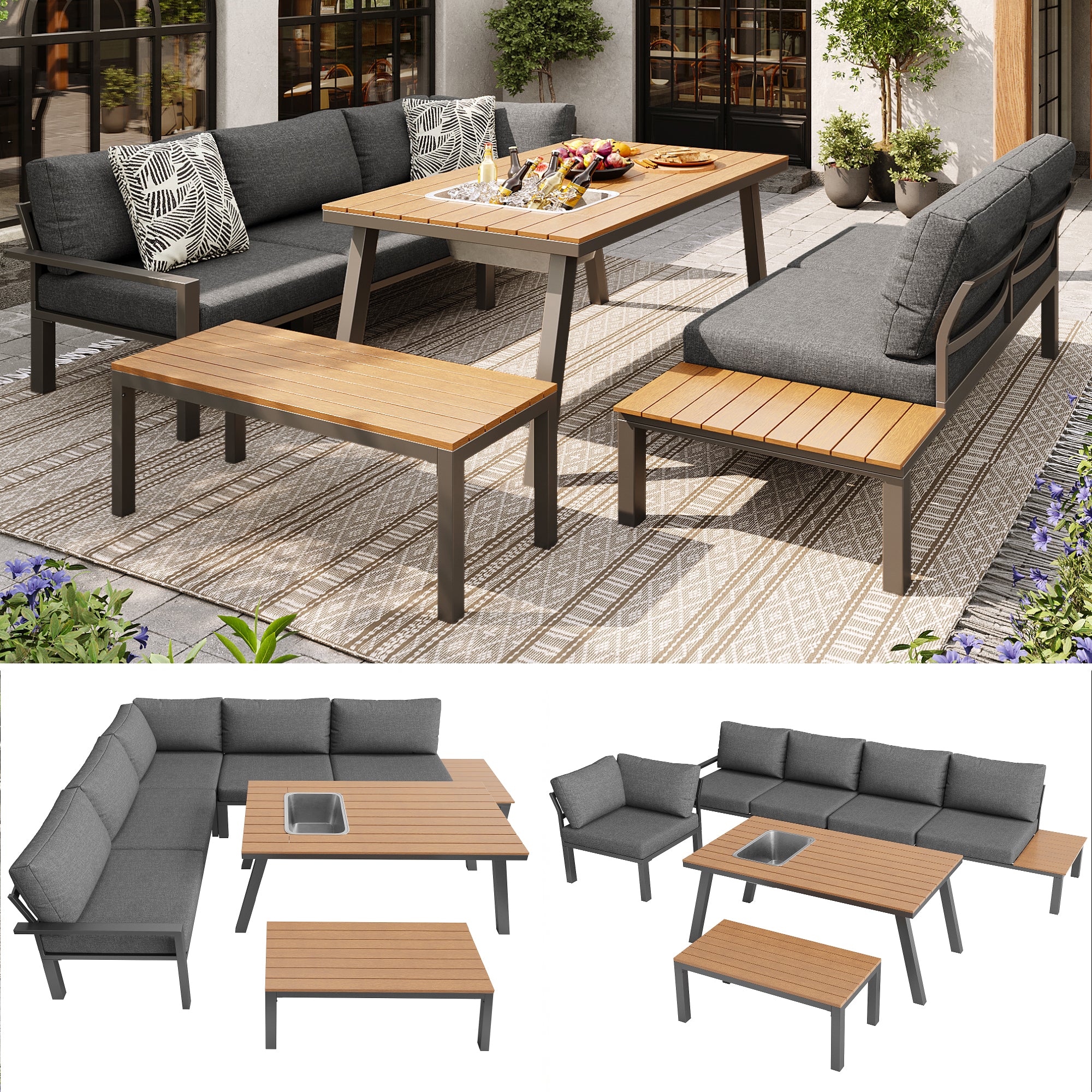 6 to 7 Seater Outdoor Garden Lounge Set – All Weather Modern Seating with Ice Bucket Table