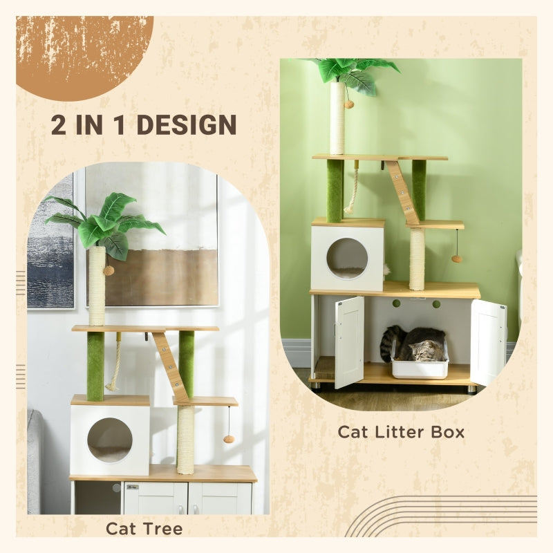2-in-1 Hidden Cat Litter Box, with House, Ladder, Scratching Posts, Platforms, Oak
