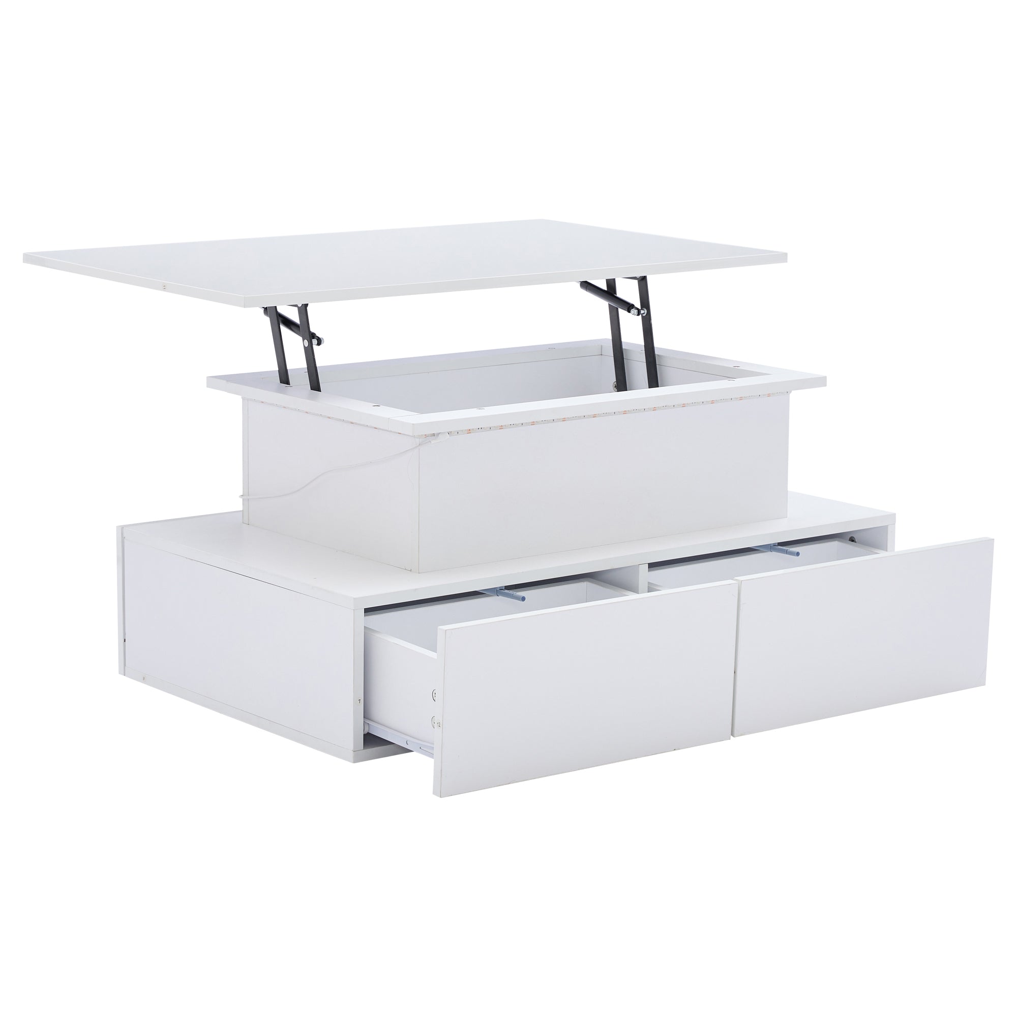 LED High Gloss Coffee Table with 4 Drawers, Lift Top Coffee Table, Wood Lifting Table Tea with Storage,Rectangular Coffee Table with Storage, 90 x 55 x 42.5 cm, White
