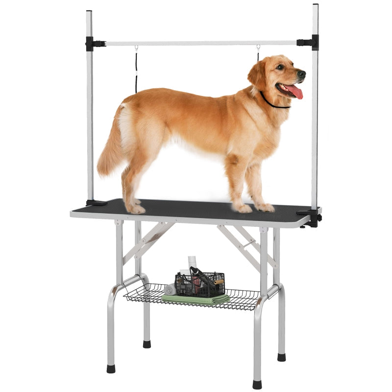 Dog Grooming Table 42" Adjustable with 2 Loops Storage Basket, Rubber Top, Black