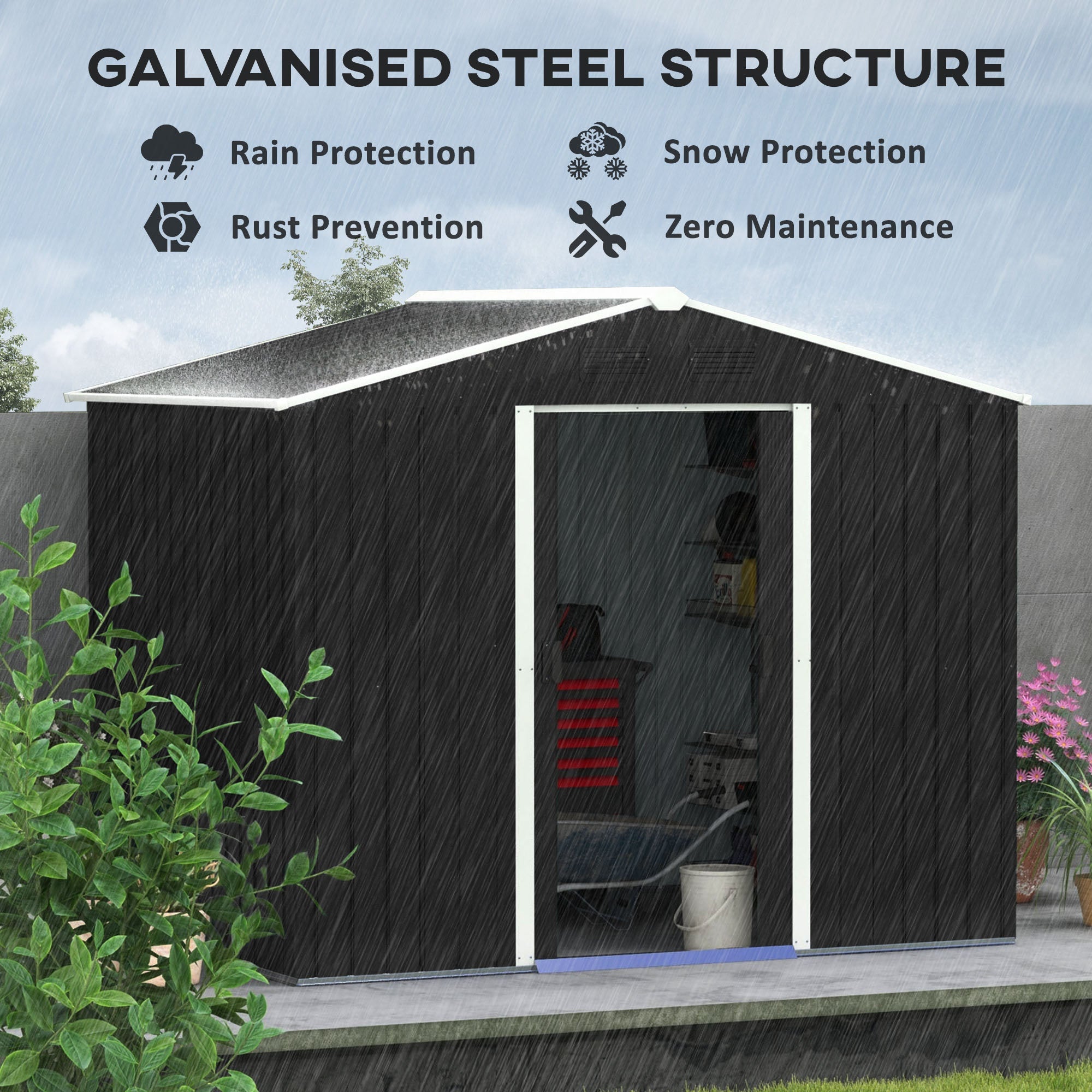 Metal Garden Shed, 7.7 x 5.7ft, Galvanised Outdoor Tool Storage with Ventilation and Sliding Doors, Grey