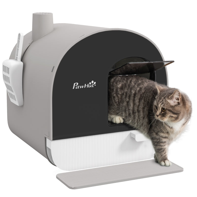 Hooded Cat Litter Box with Lid, Scoop, Filter, Flap Door, Light Grey