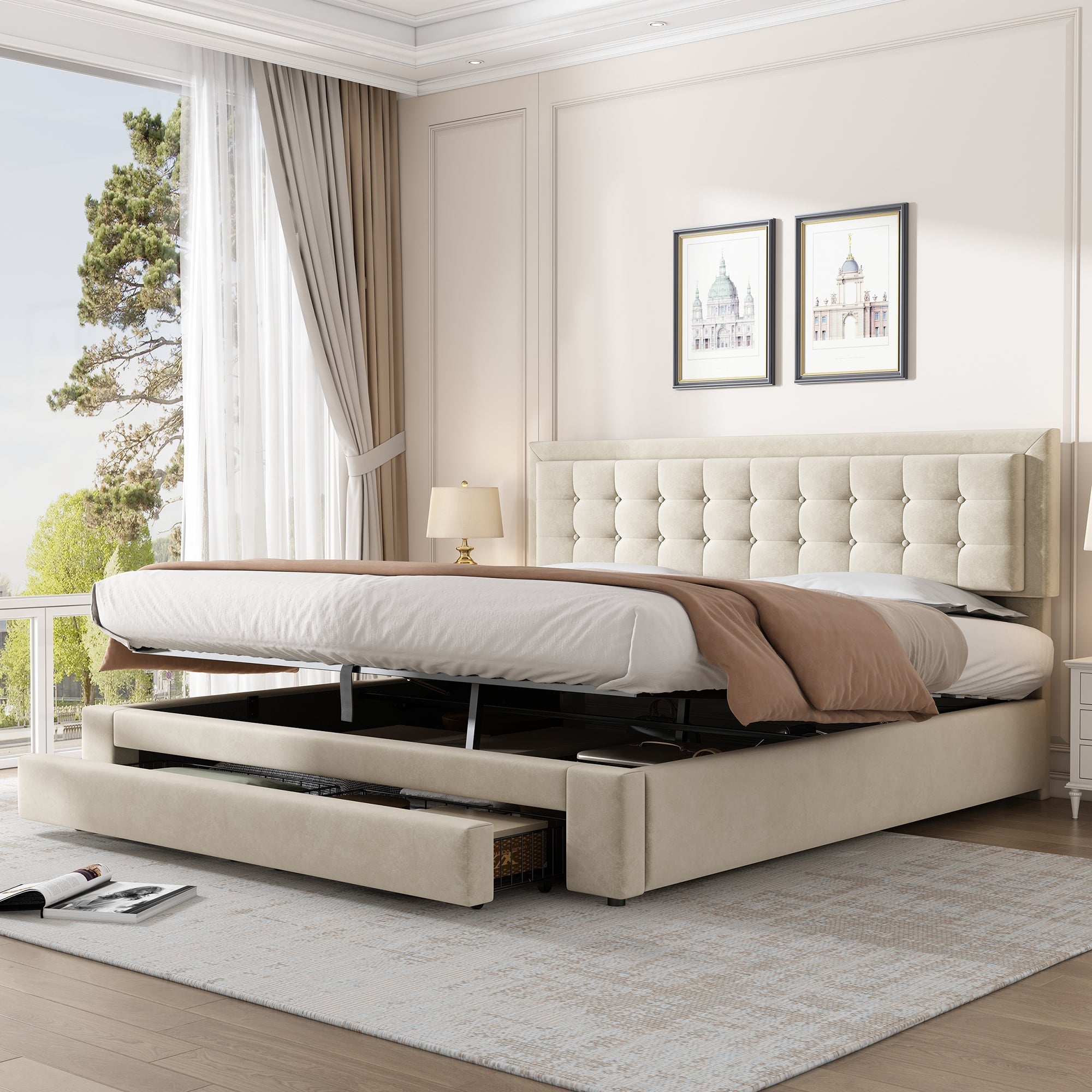 Upholstered Bed, Super King Size 6ft (180x200cm) with Storage, Slats and Headboard, Cream Velvet