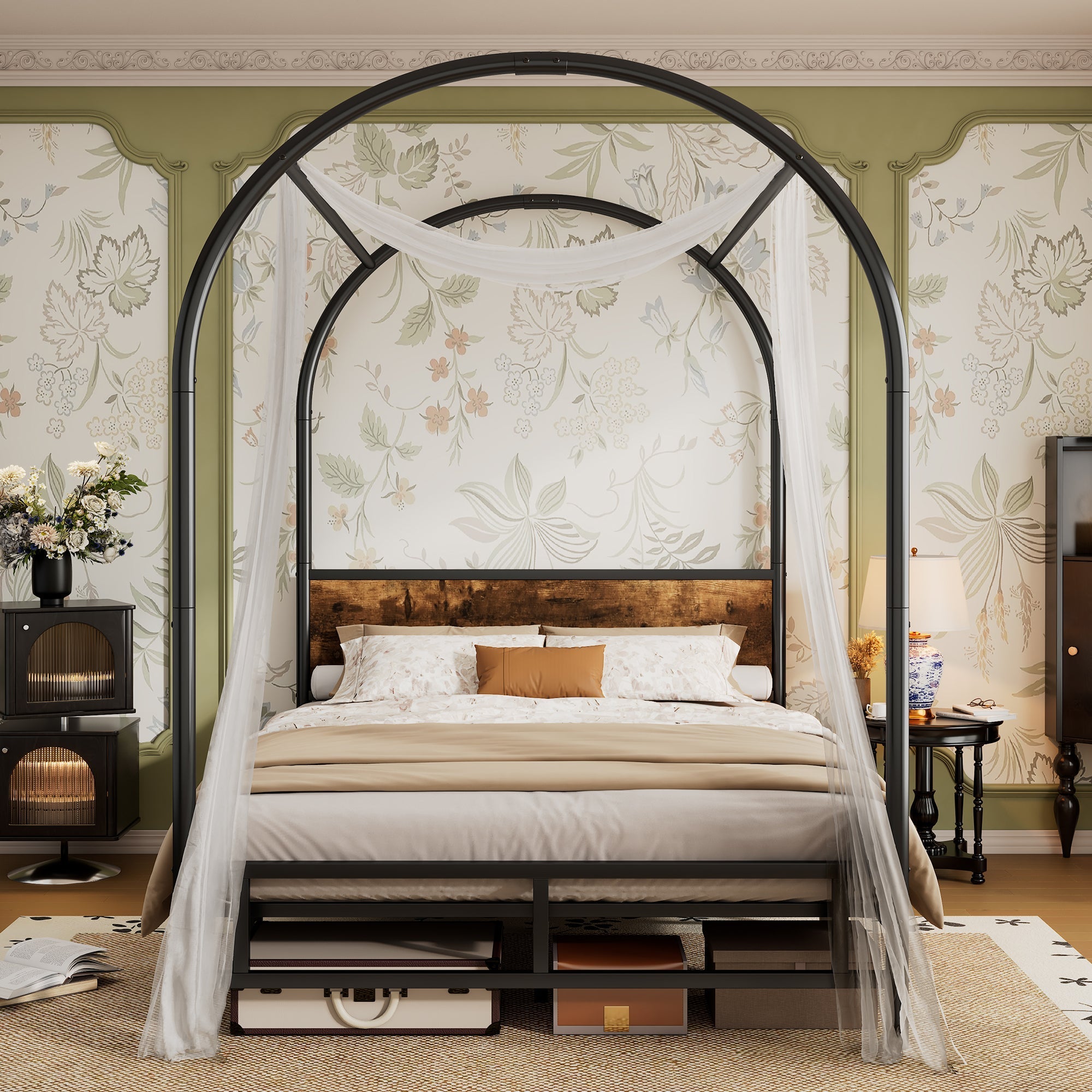 Metal Bed, Durable & Sturdy Canopy Twin Bed, Black+Wood Color, Iron Material