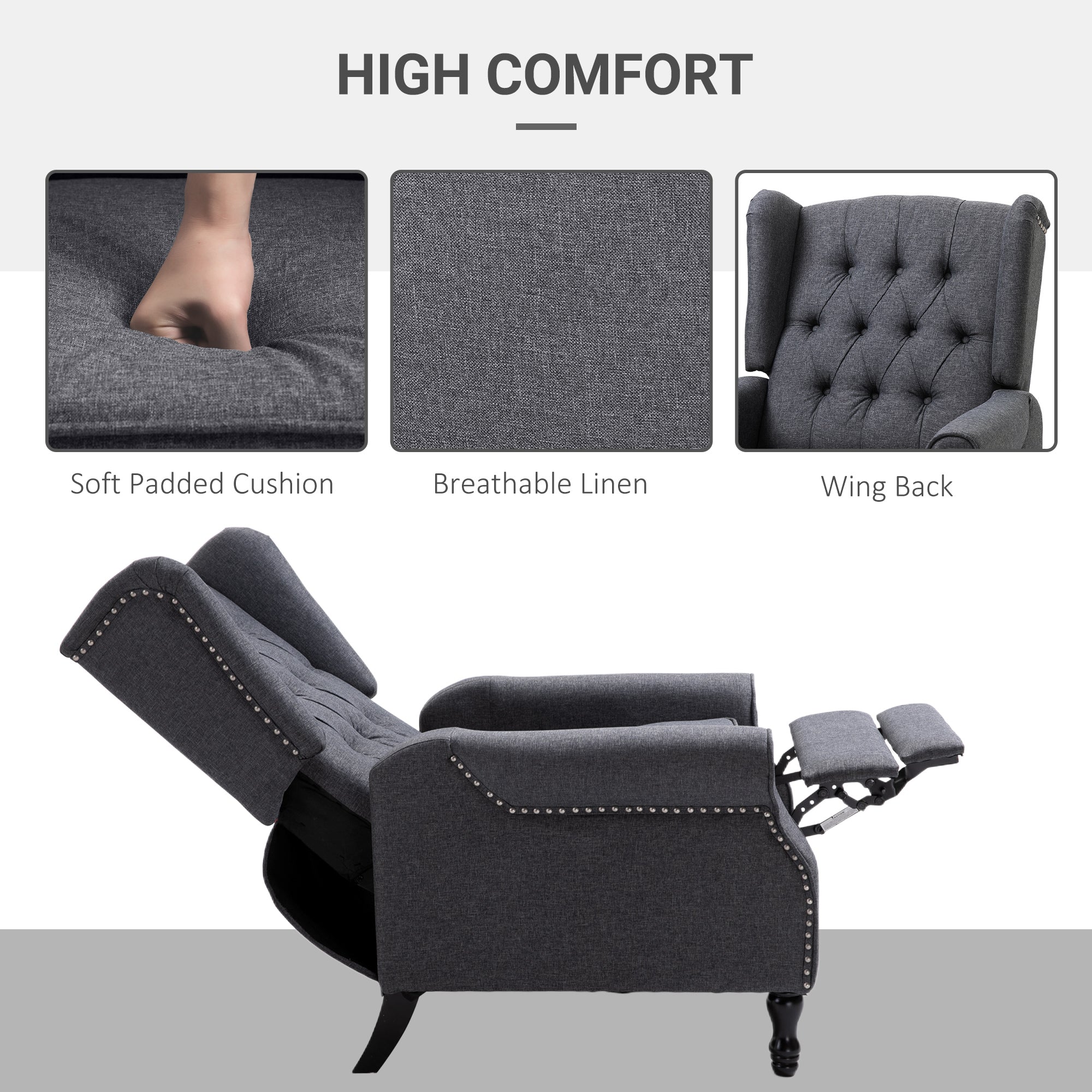Recliner Armchair, Wingback Chair with Footrest, Dark Grey