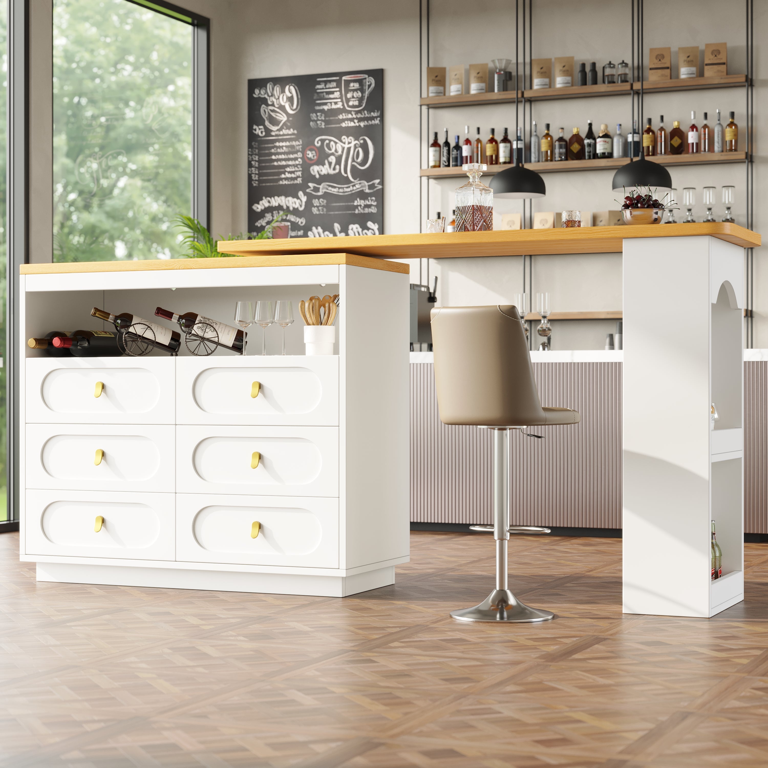 360¡ã Rotating Bar Table, Dining Kitchen Island with Storage, White