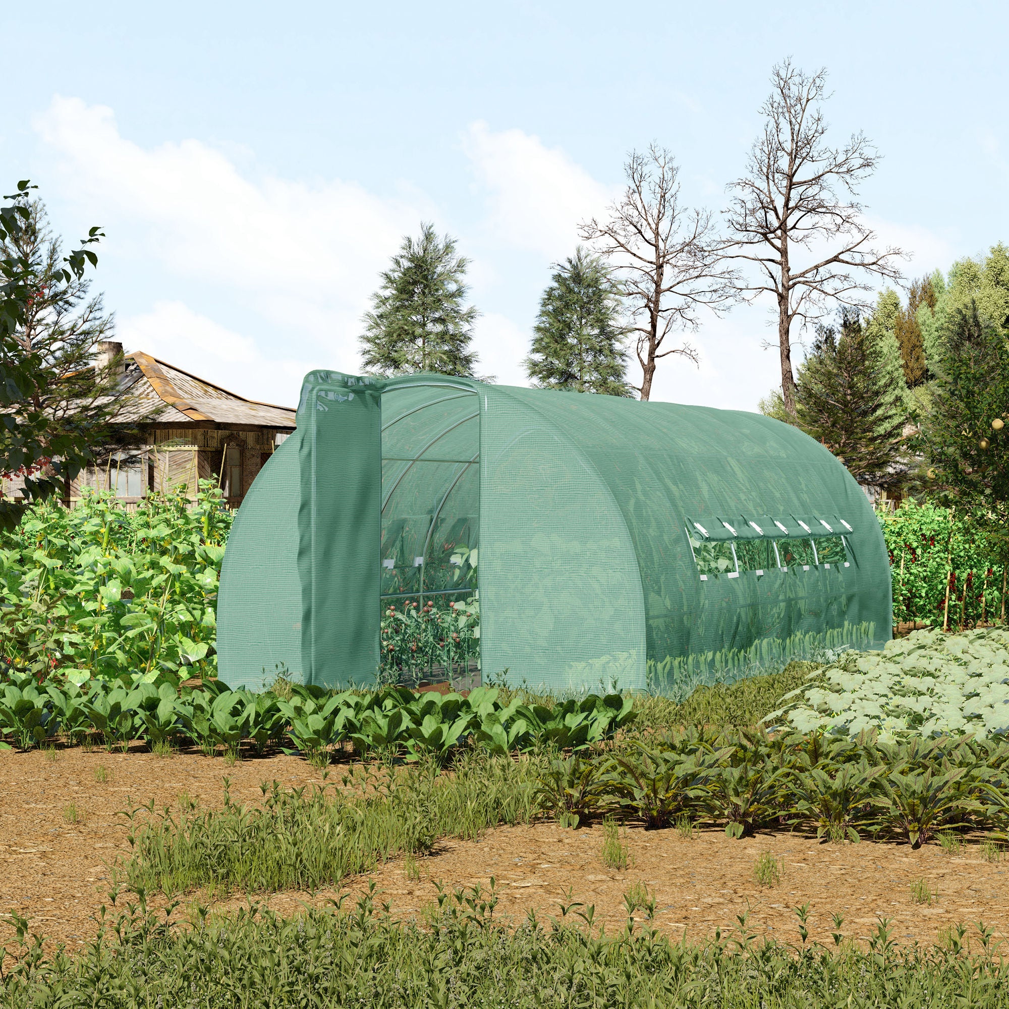 Large Polytunnel Walk In Greenhouse with Metal Hinged Door, Galvanised Steel Frame, Green