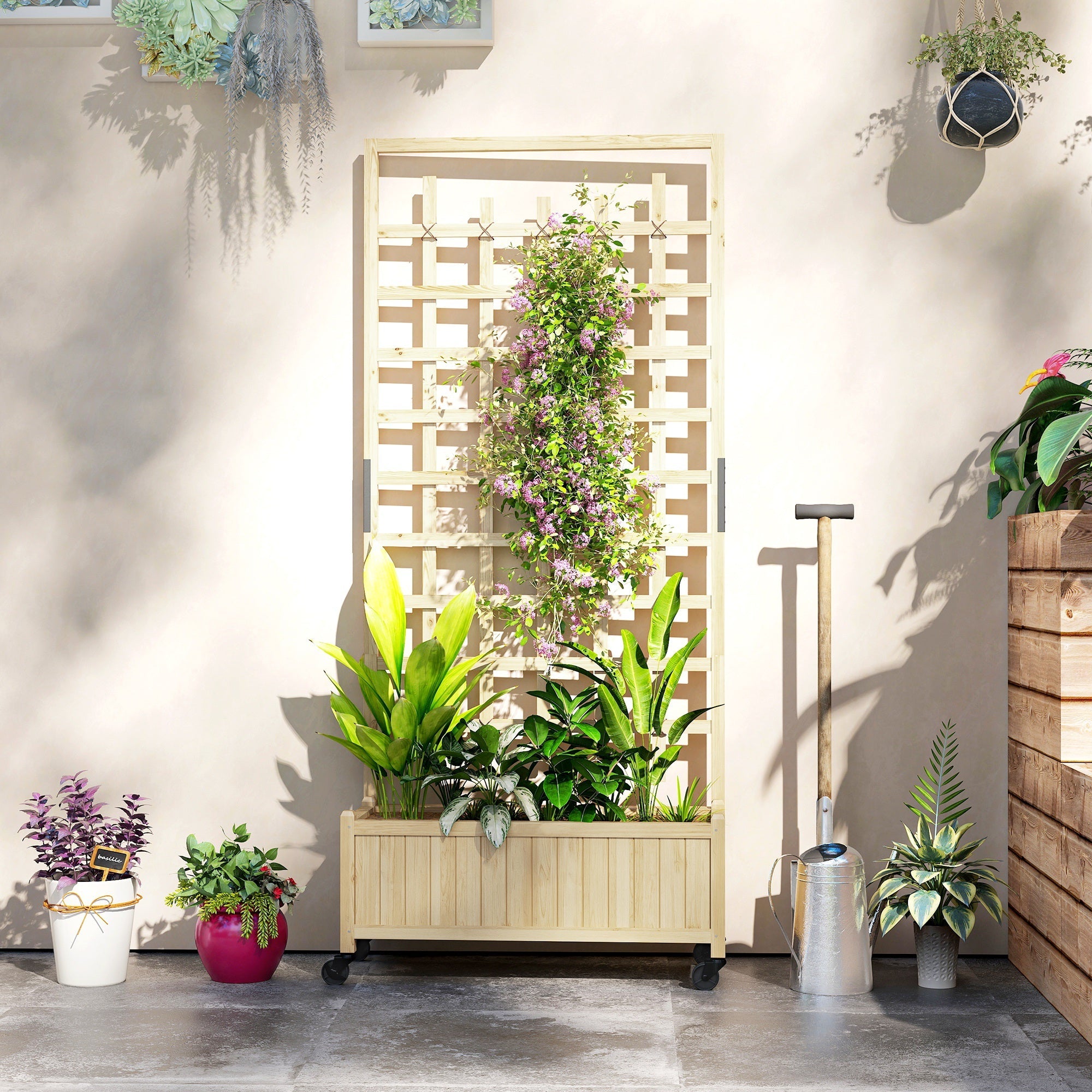 Wooden Trellis Planter, Raised Garden Bed with Wheels, Natural