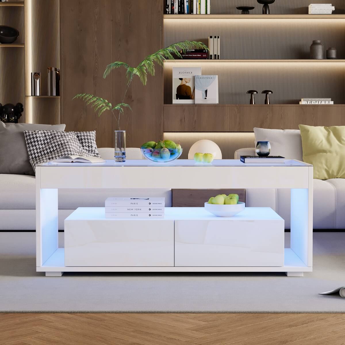 High Gloss LED Coffee Table – Centre Table with Open Storage & Drawers