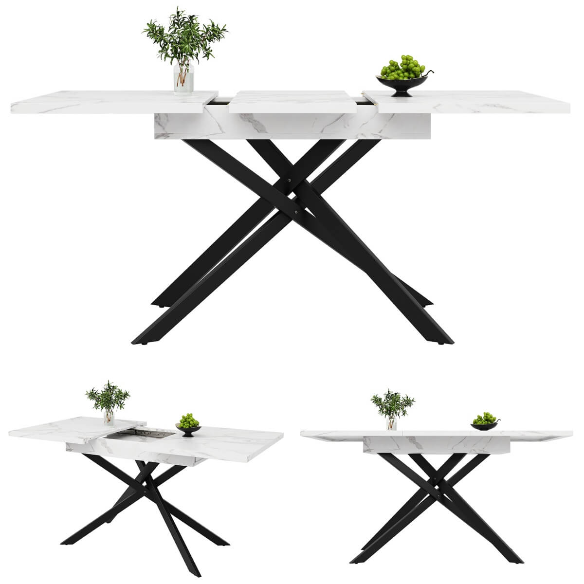 Extendable Dining Table 120–160cm – Space-Saving Telescopic Table with Crossed Metal Legs, Marble Effect Top
