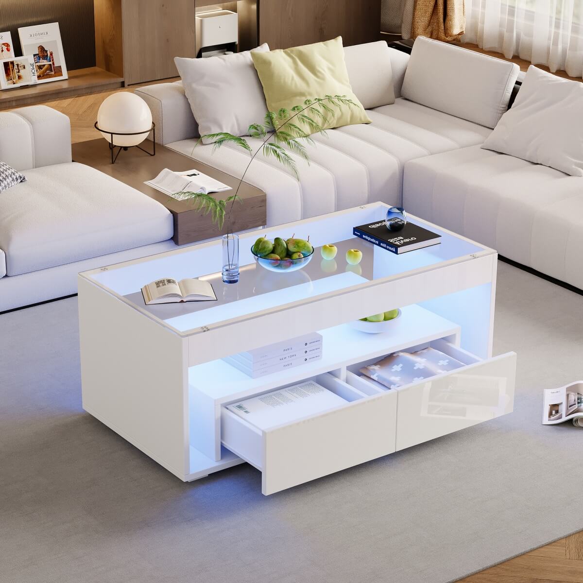 High Gloss LED Coffee Table – Centre Table with Open Storage & Drawers