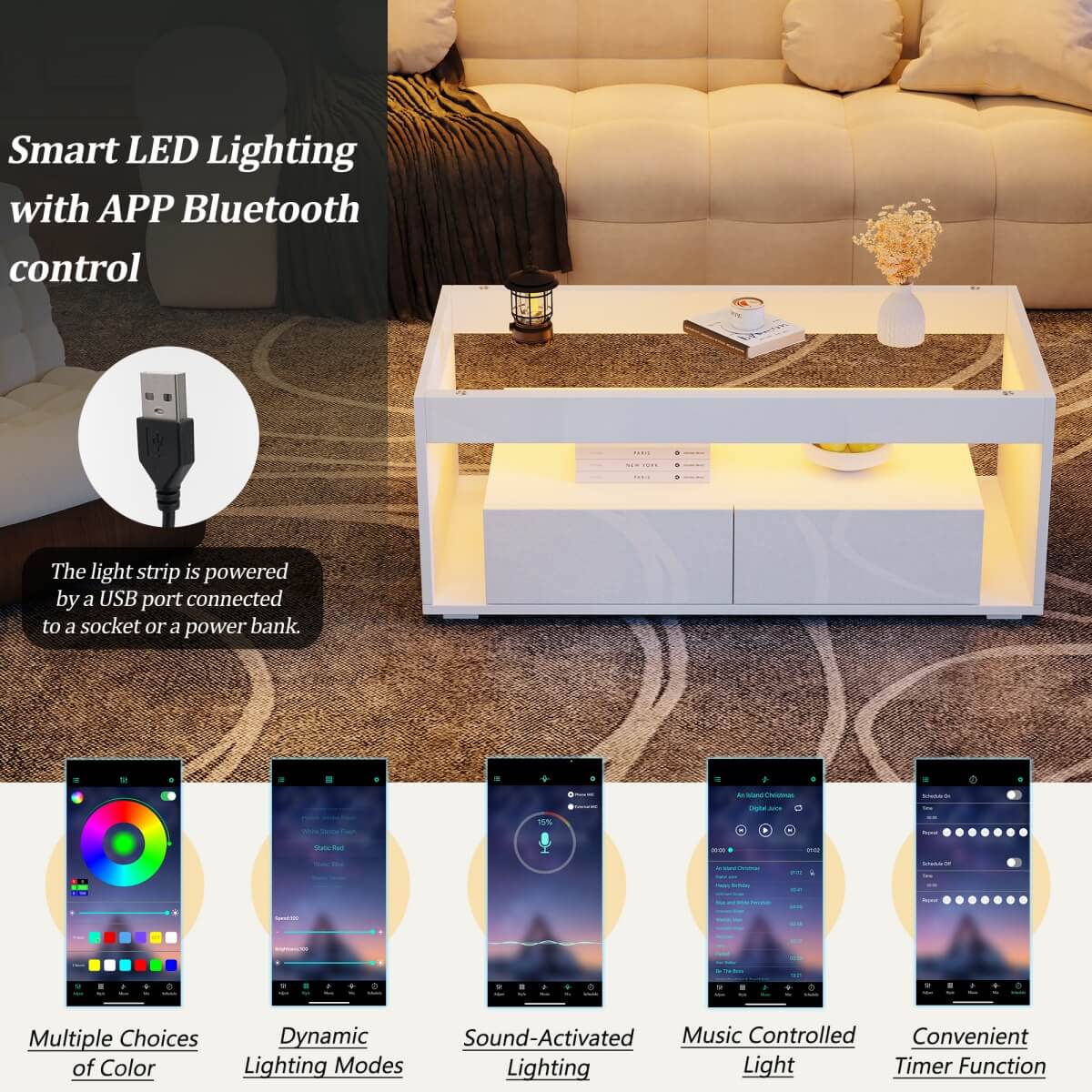 High Gloss LED Coffee Table – Centre Table with Open Storage & Drawers