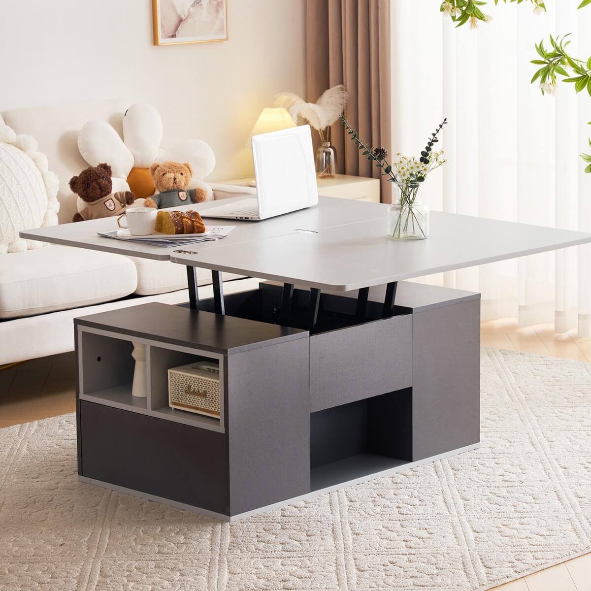 Lift-Top Coffee Table with Storage - Grey Coffee Table with 2 Drawers