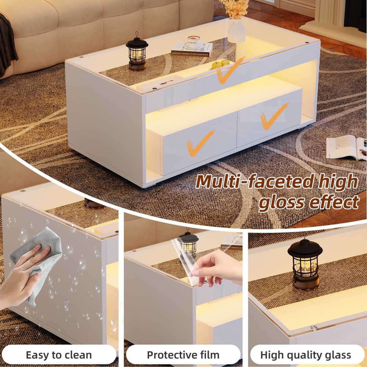High Gloss LED Coffee Table – Centre Table with Open Storage & Drawers