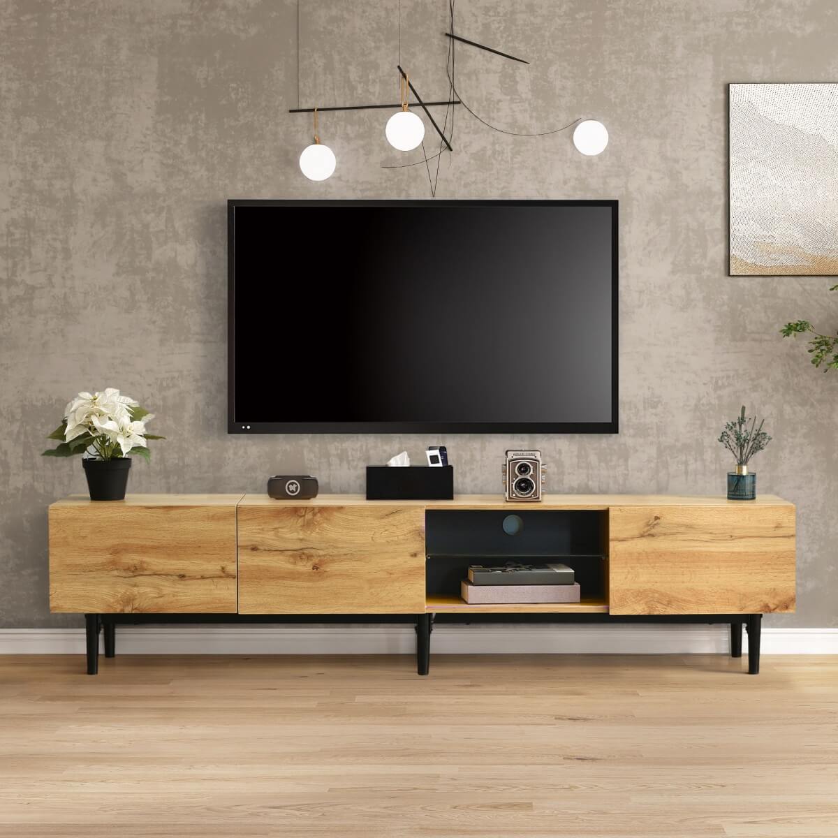 Modern TV Cabinet with LED Lights – Large Storage Media Console, Wood Grain Finish, 175 × 31 × 41 cm