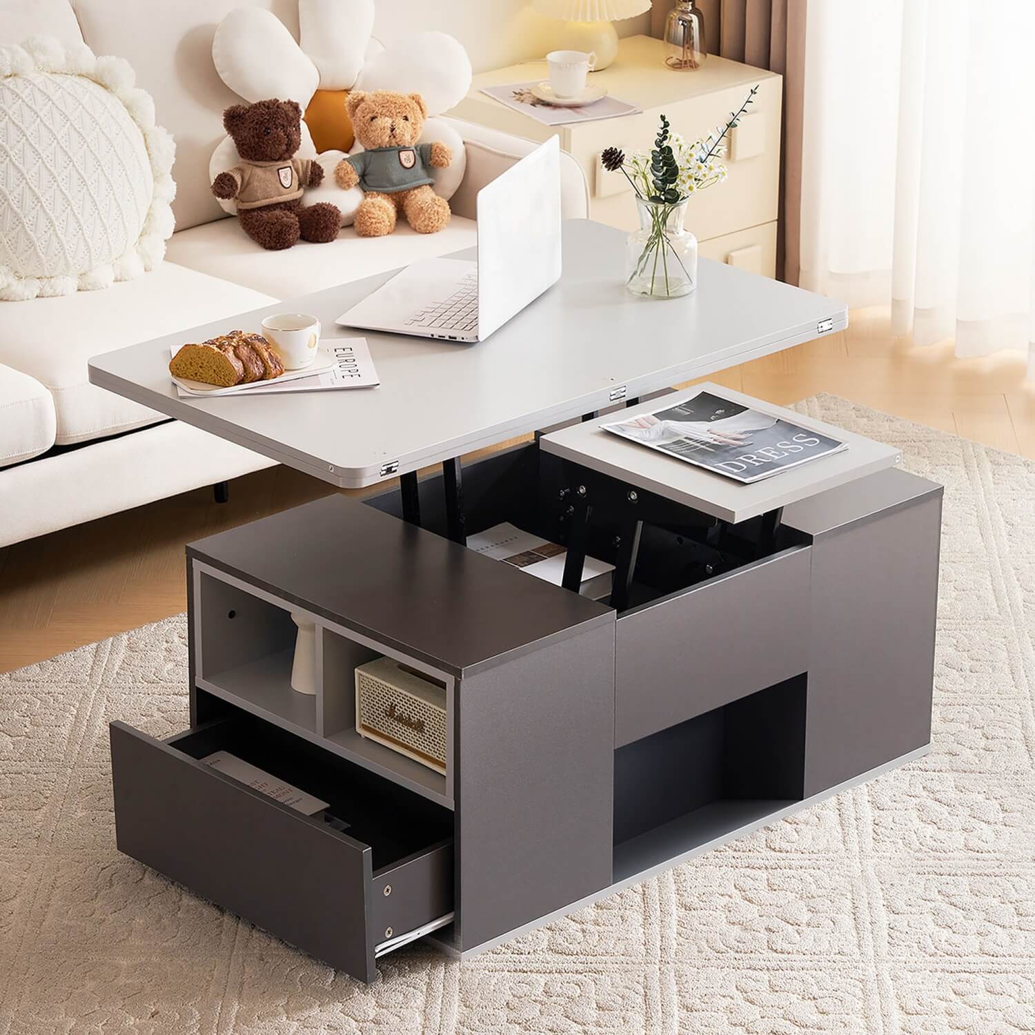 Lift-Top Coffee Table with Storage - Grey Coffee Table with 2 Drawers