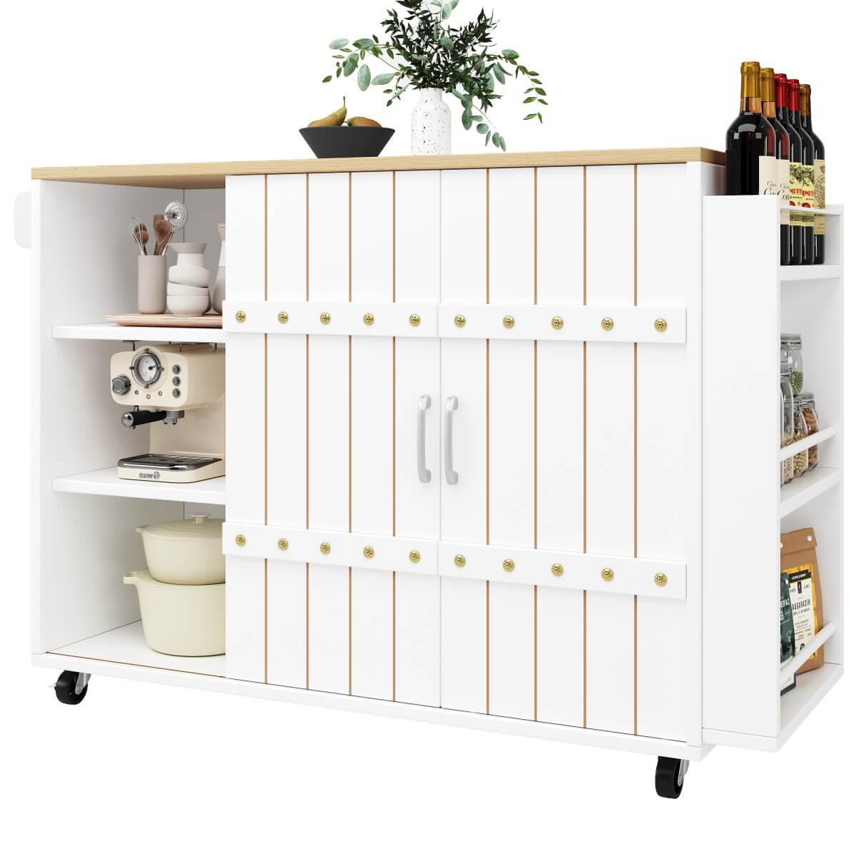 Kitchen Trolley with Worktop – Mobile Kitchen Cabinet with Storage & Sliding Doors