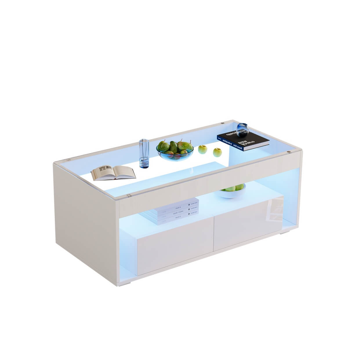 High Gloss LED Coffee Table – Centre Table with Open Storage & Drawers