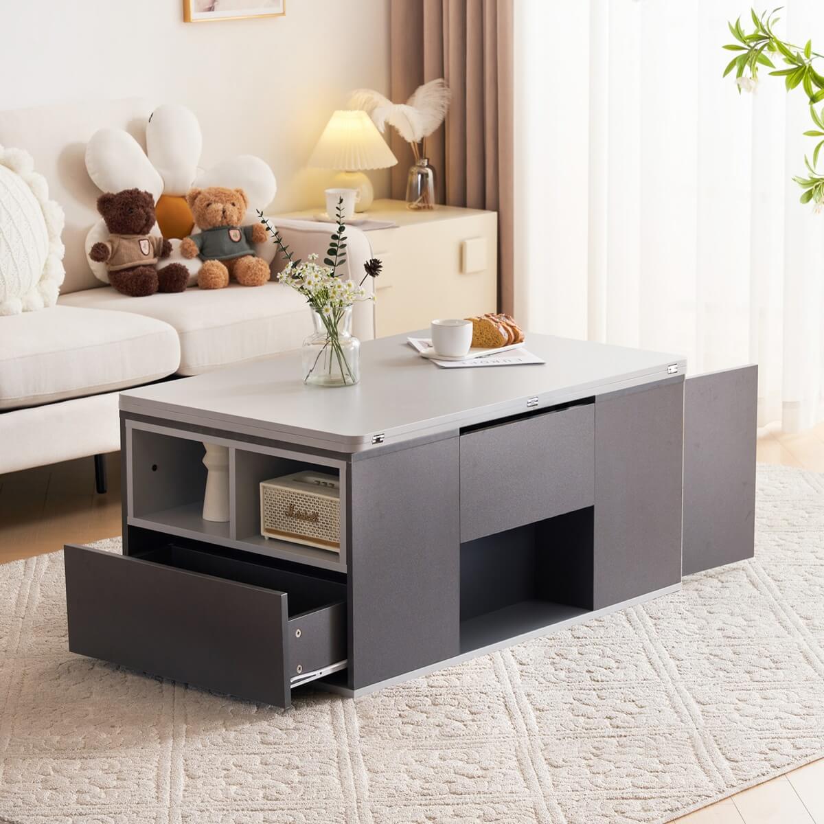 Lift-Top Coffee Table with Storage - Grey Coffee Table with 2 Drawers
