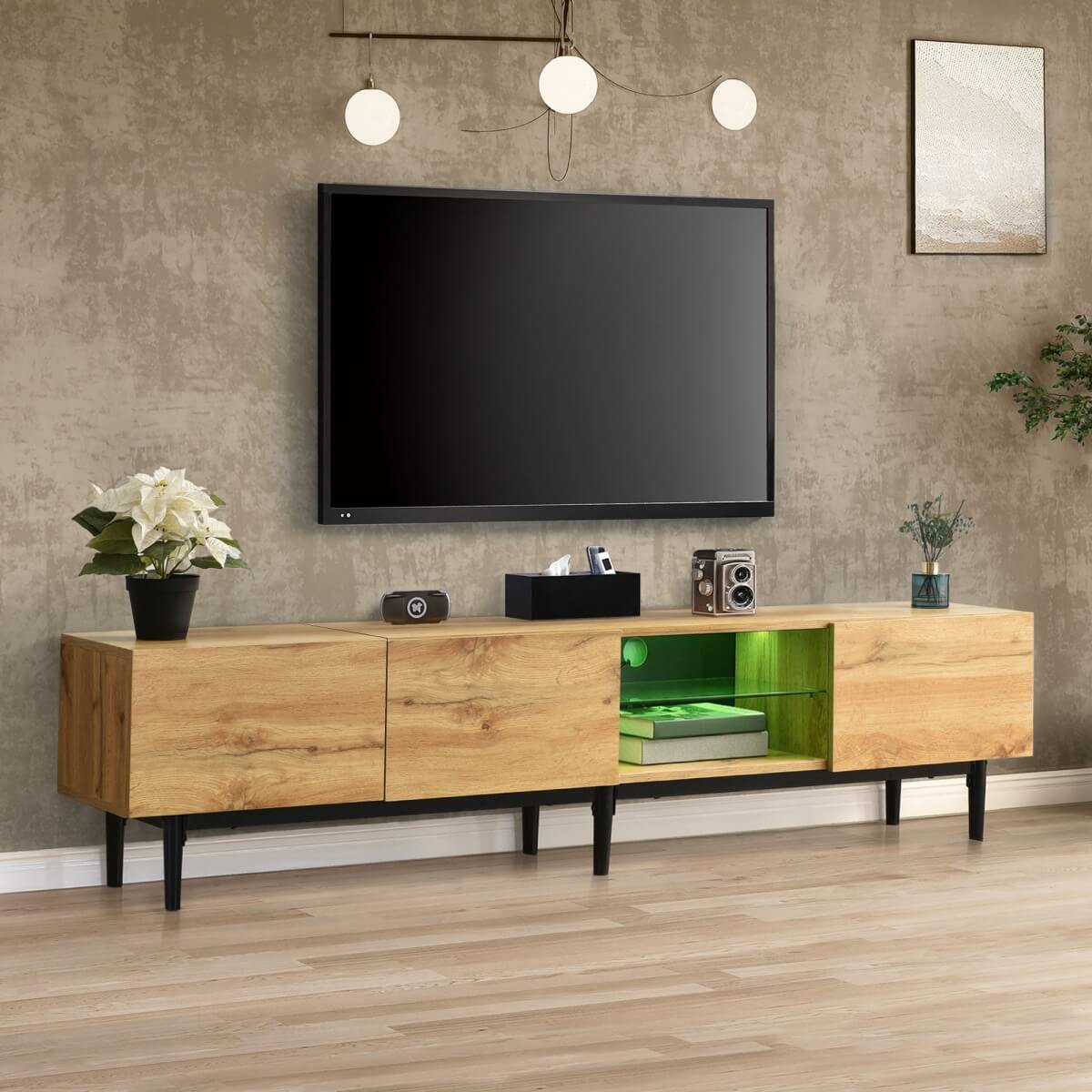 Modern TV Cabinet with LED Lights – Large Storage Media Console, Wood Grain Finish, 175 × 31 × 41 cm