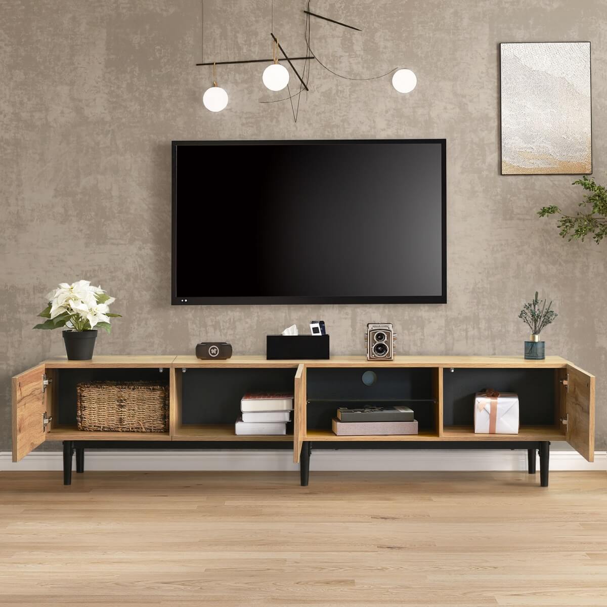 Modern TV Cabinet with LED Lights – Large Storage Media Console, Wood Grain Finish, 175 × 31 × 41 cm