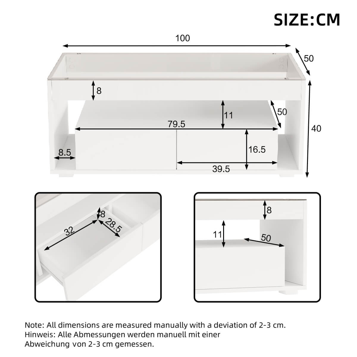 High Gloss LED Coffee Table – Centre Table with Open Storage & Drawers