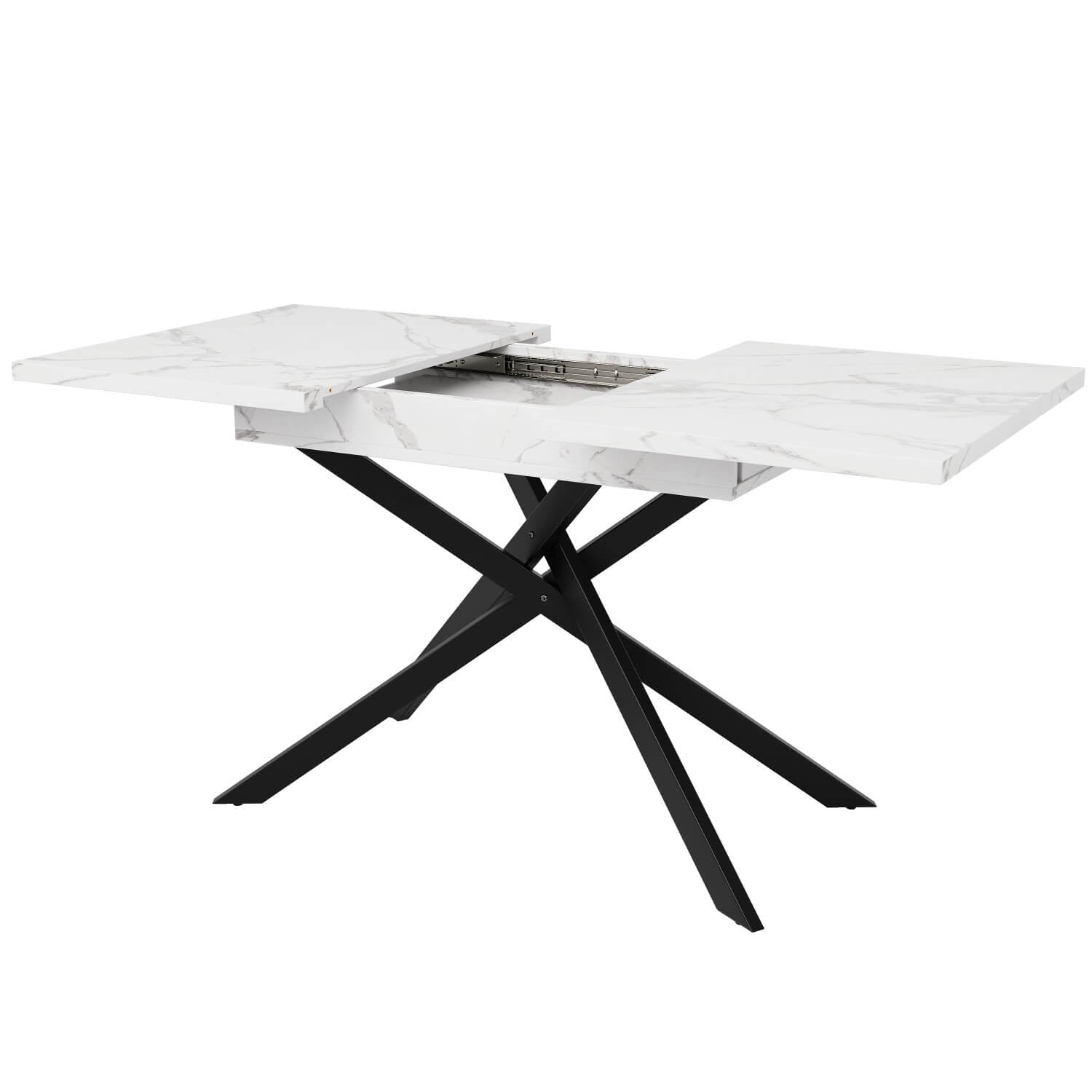 Extendable Dining Table 120–160cm – Space-Saving Telescopic Table with Crossed Metal Legs, Marble Effect Top