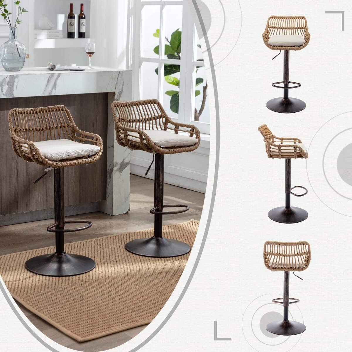 Set of 2 Swivel Bar Stools – Height Adjustable Bar Chairs with Cushions, for Kitchen Island & Home Bar