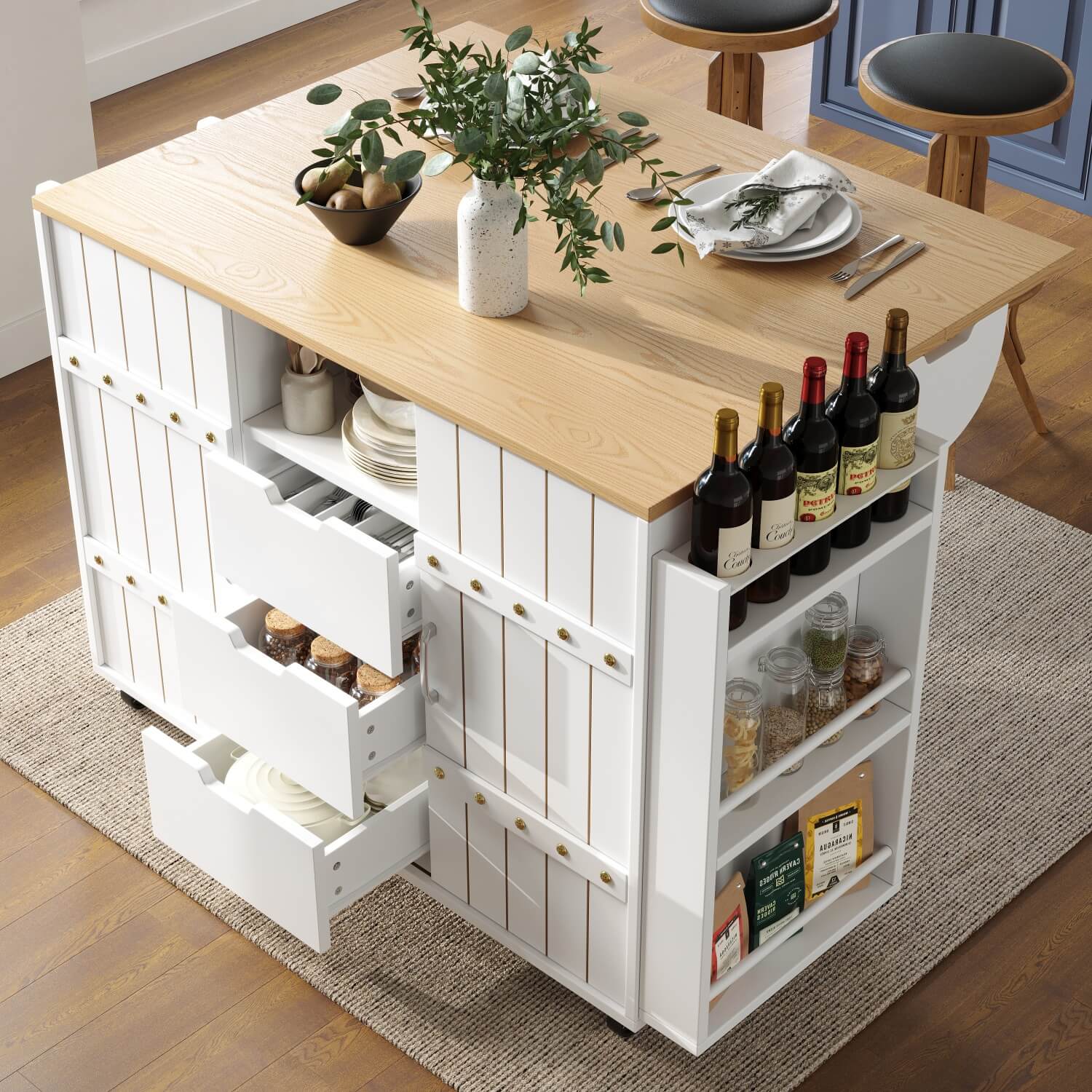 Kitchen Trolley with Worktop – Mobile Kitchen Cabinet with Storage & Sliding Doors