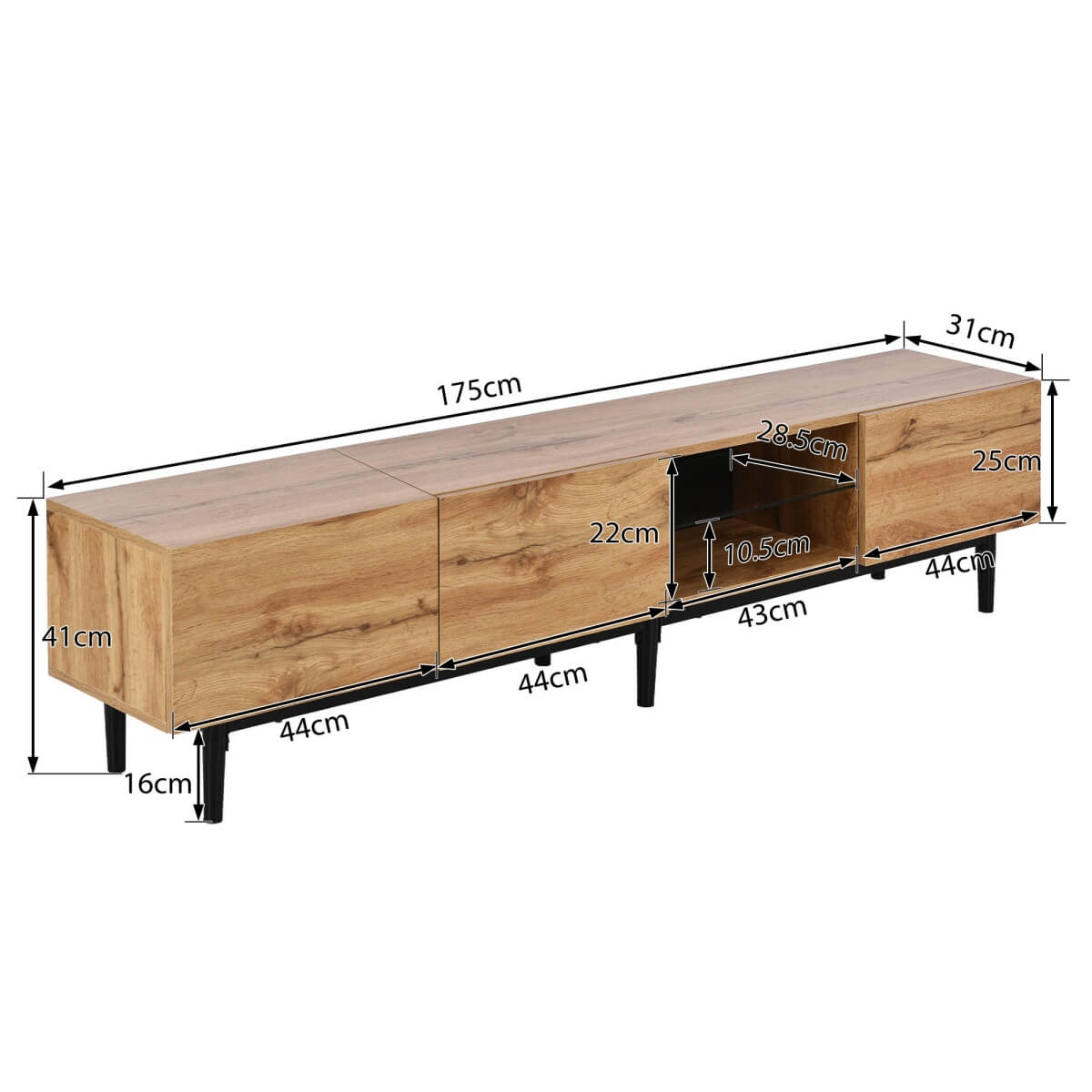 Modern TV Cabinet with LED Lights – Large Storage Media Console, Wood Grain Finish, 175 × 31 × 41 cm