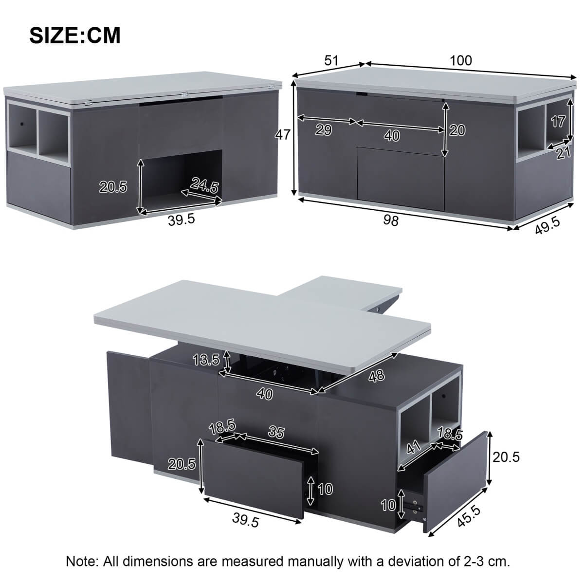 Lift-Top Coffee Table with Storage - Grey Coffee Table with 2 Drawers