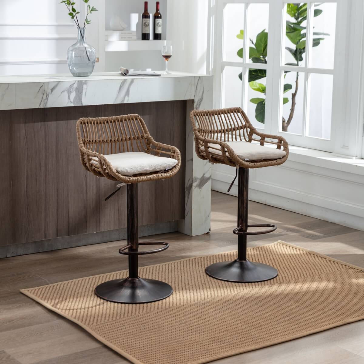 Set of 2 Swivel Bar Stools – Height Adjustable Bar Chairs with Cushions, for Kitchen Island & Home Bar