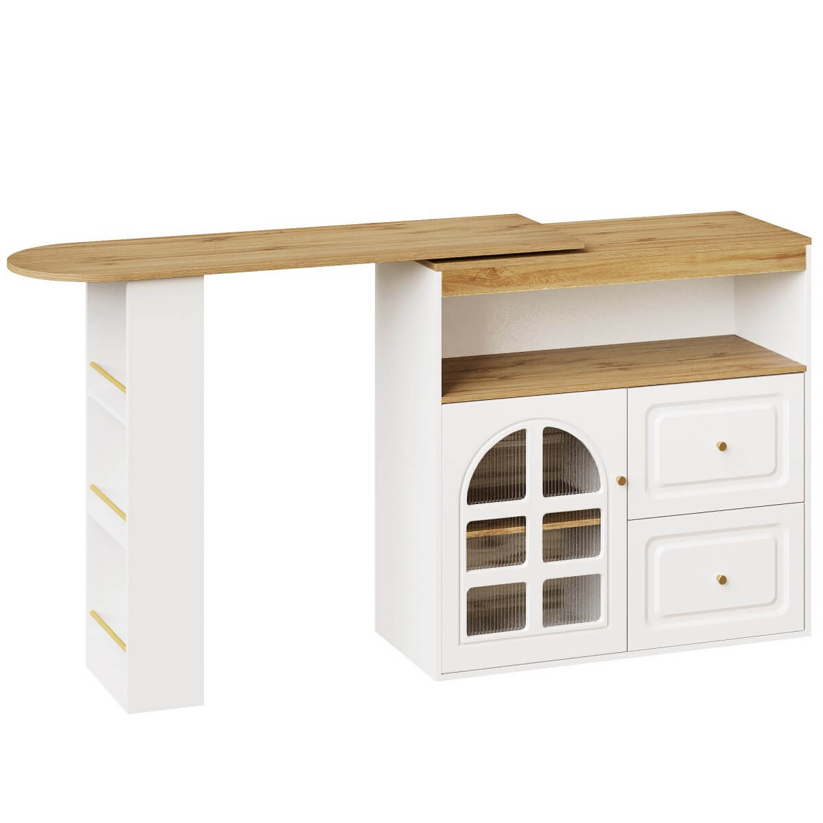 Rotating Sideboard Cabinet – 2 Drawers with Open Storage & Curved Glass Shelves