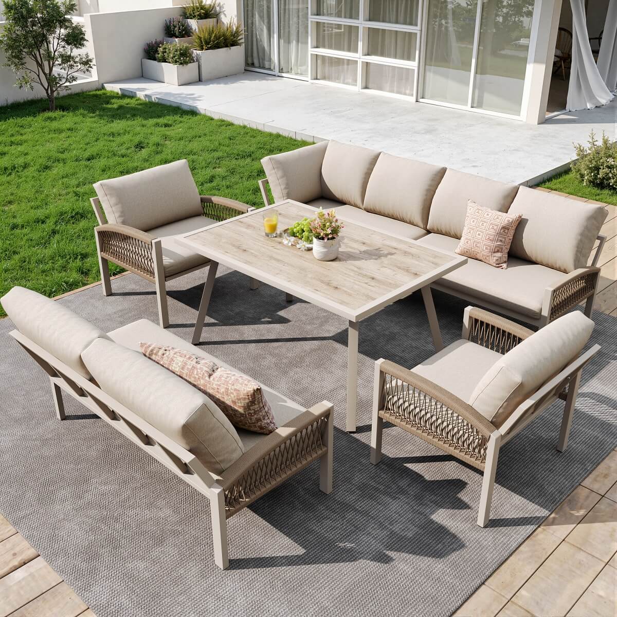 8 Seater Outdoor Garden Lounge Set – Rope Weave Sofa with Large Table and Cushions