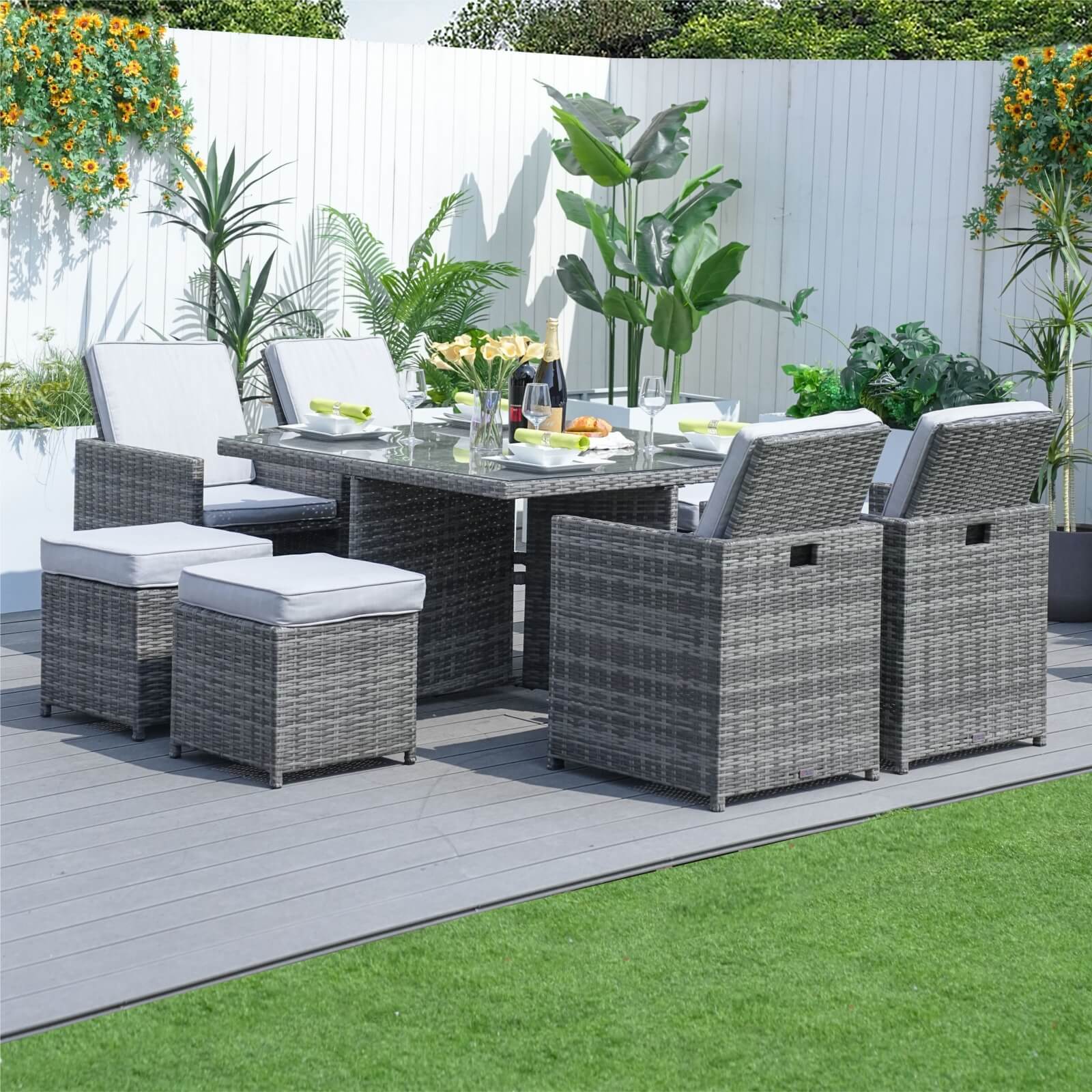 8 Seater Aluminium Rattan Dining Set – Outdoor Garden Table with 4 Chairs and 4 Footstools, Grey