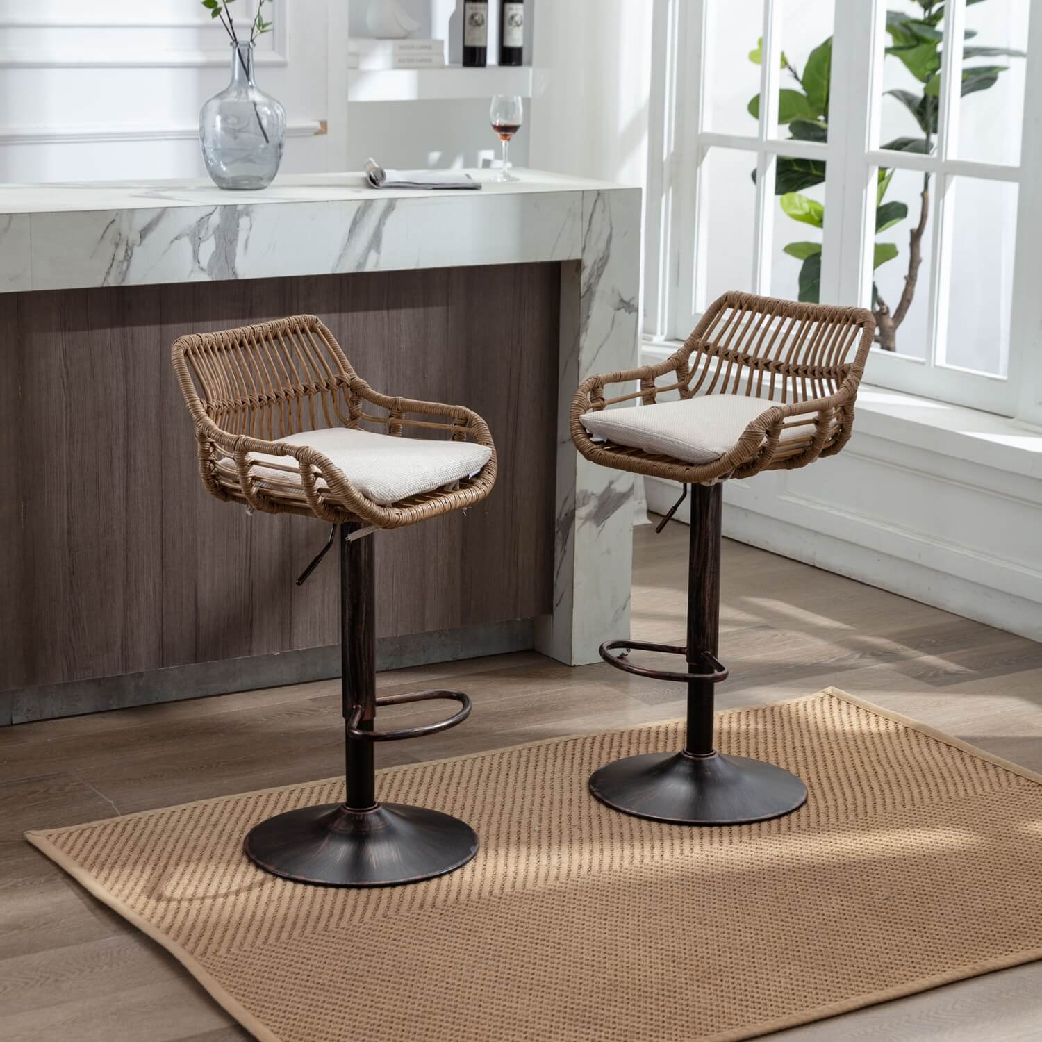 Set of 2 Swivel Bar Stools – Height Adjustable Bar Chairs with Cushions, for Kitchen Island & Home Bar