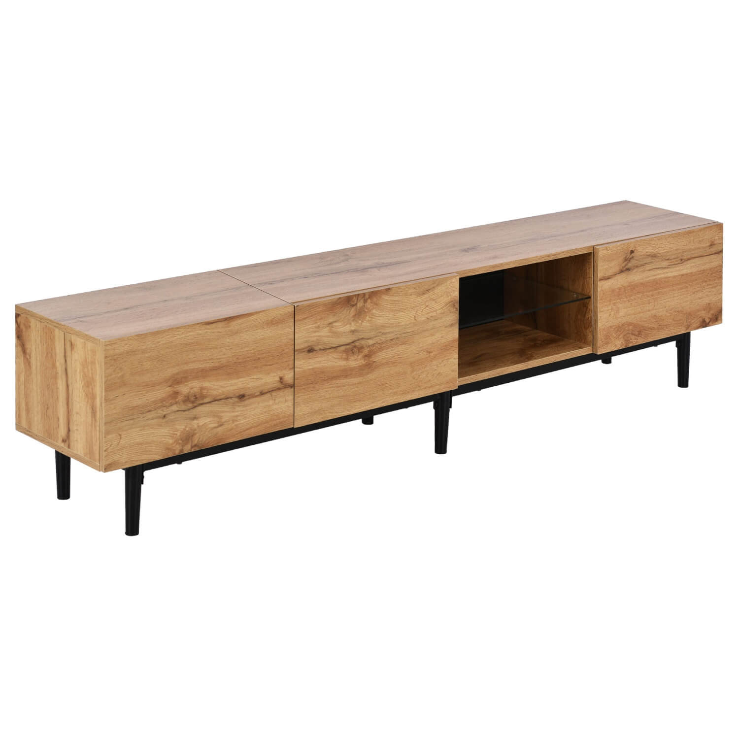 Modern TV Cabinet with LED Lights – Large Storage Media Console, Wood Grain Finish, 175 × 31 × 41 cm