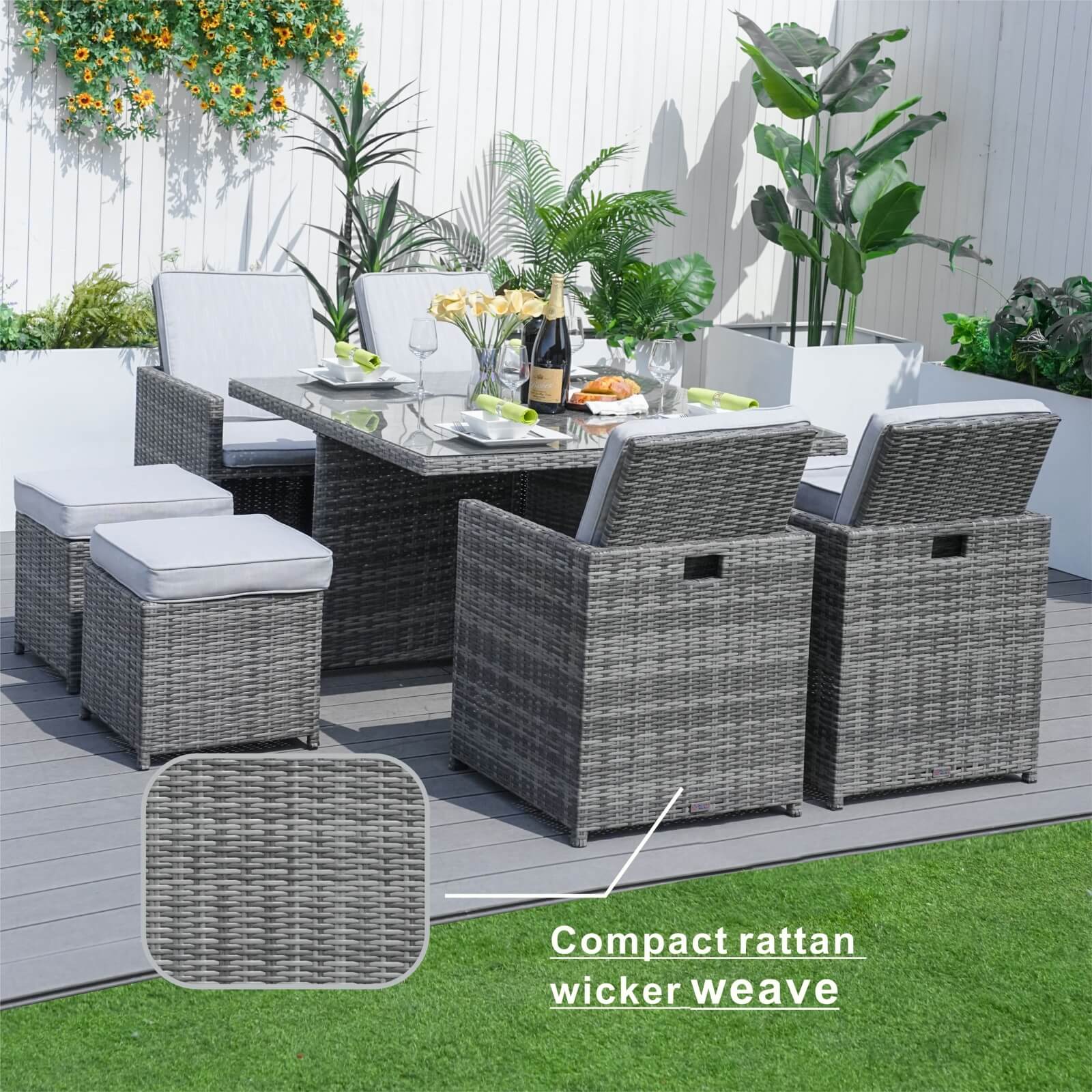 8 Seater Aluminium Rattan Dining Set – Outdoor Garden Table with 4 Chairs and 4 Footstools